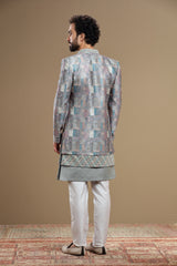 Grey Silk indowestern set in geometric embroidery
