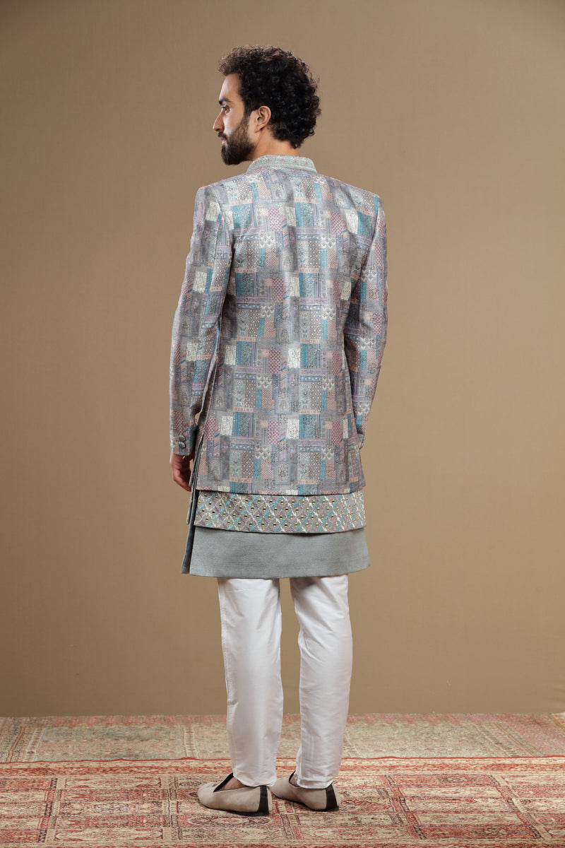 Grey Silk indowestern set in geometric embroidery
