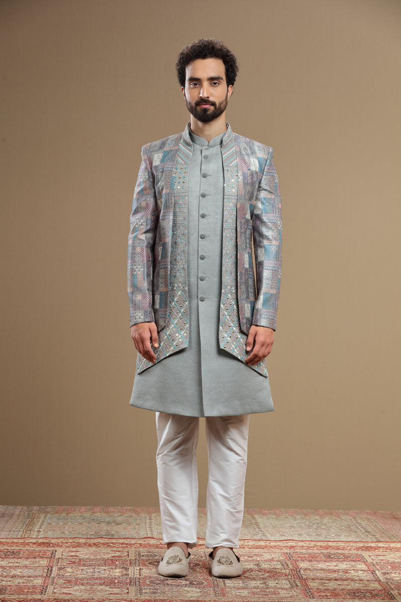 Grey Silk indowestern set in geometric embroidery