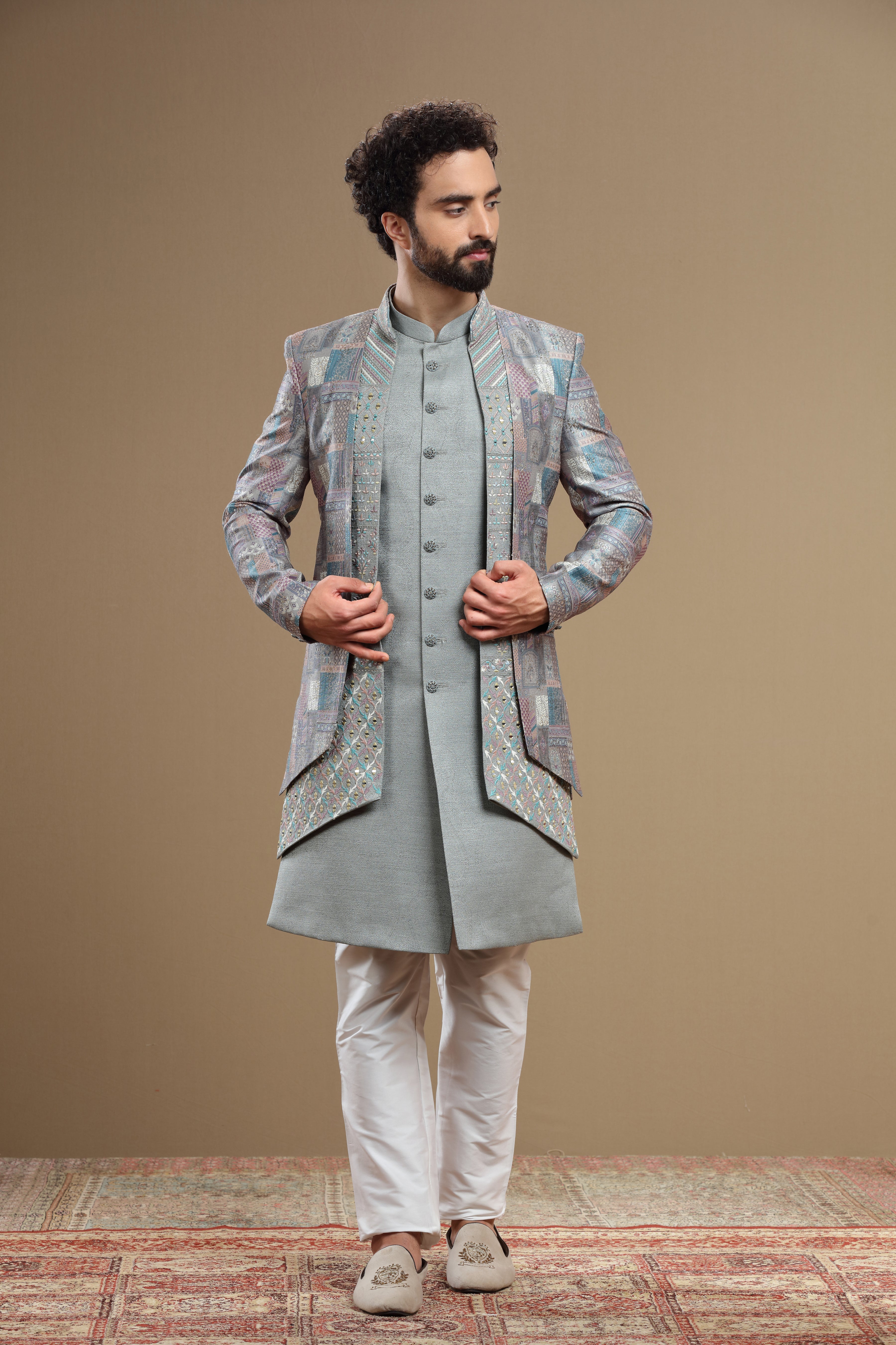Grey Silk indowestern set in geometric embroidery - Shreeman