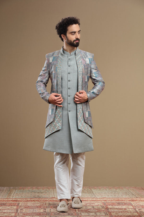 Grey Silk indowestern set in geometric embroidery