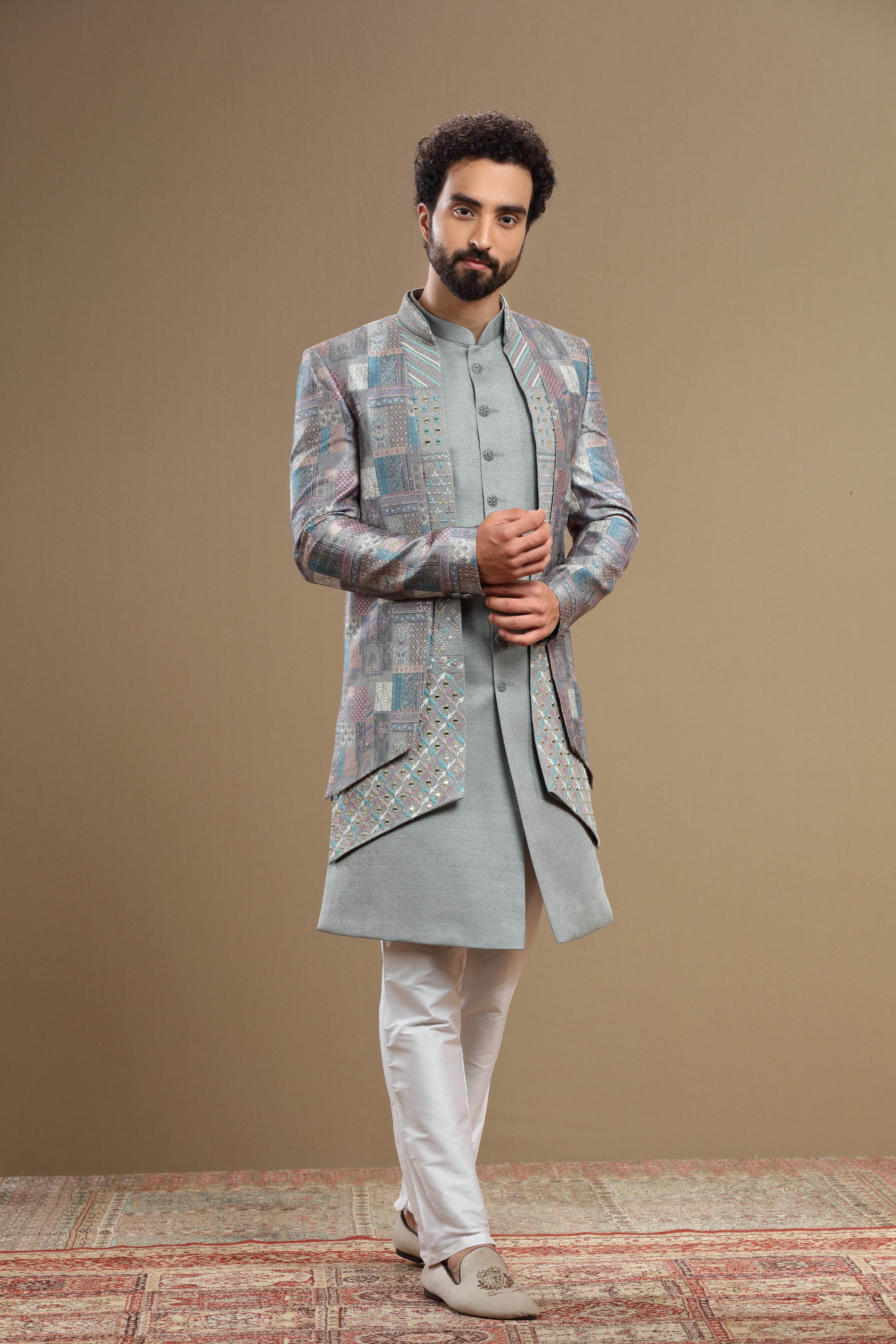 Grey Silk indowestern set in geometric embroidery - Shreeman