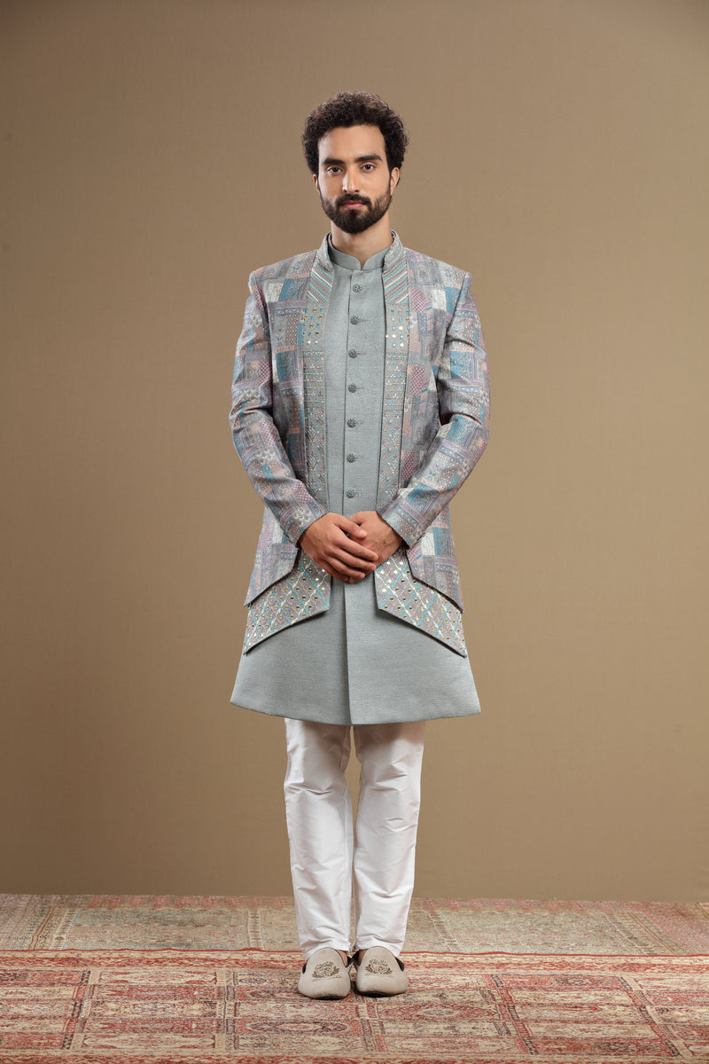 Grey Silk indowestern set in geometric embroidery