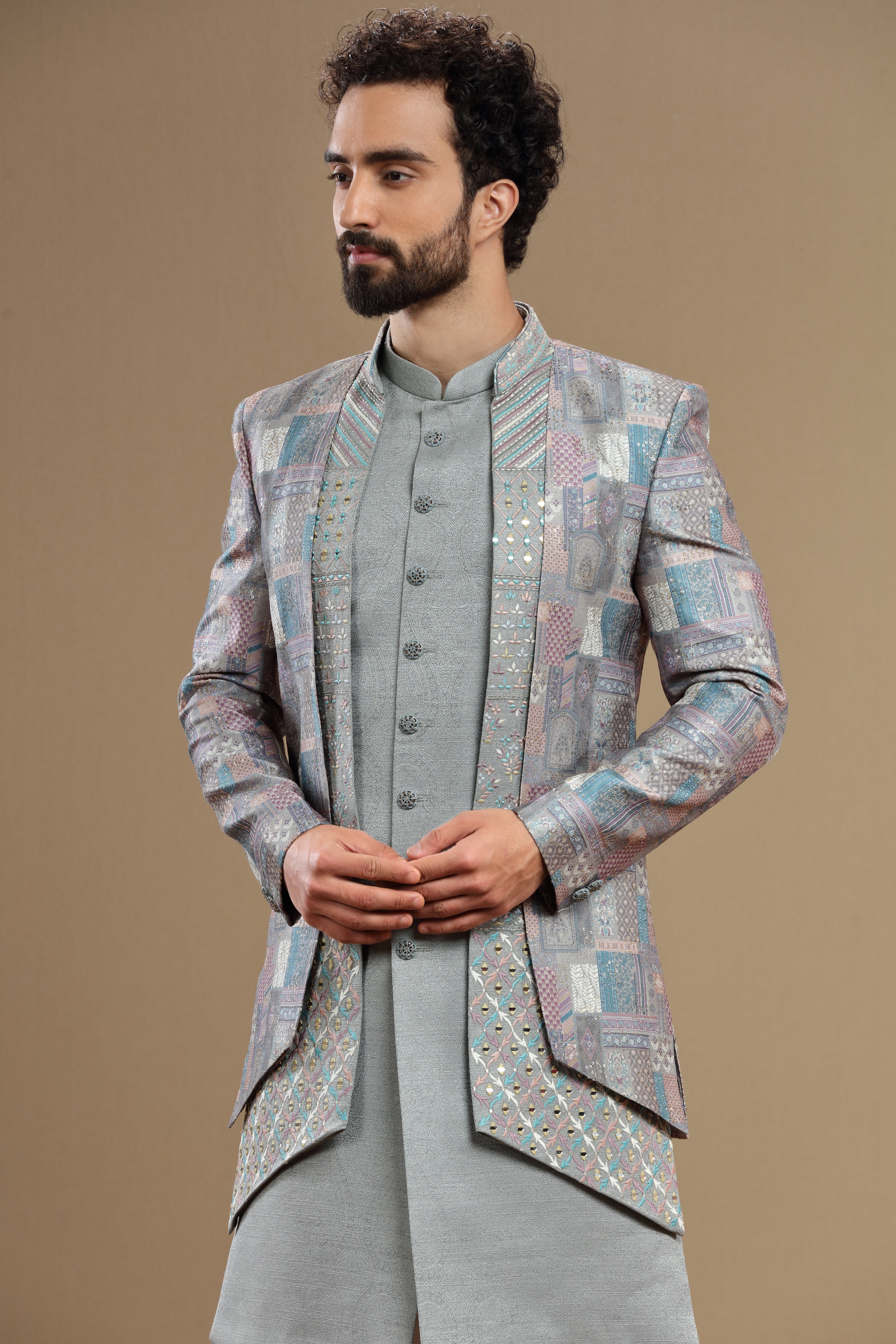 Grey Silk indowestern set in geometric embroidery - Shreeman