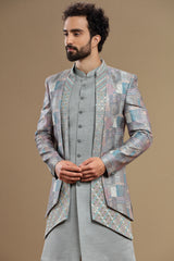 Grey Silk indowestern set in geometric embroidery