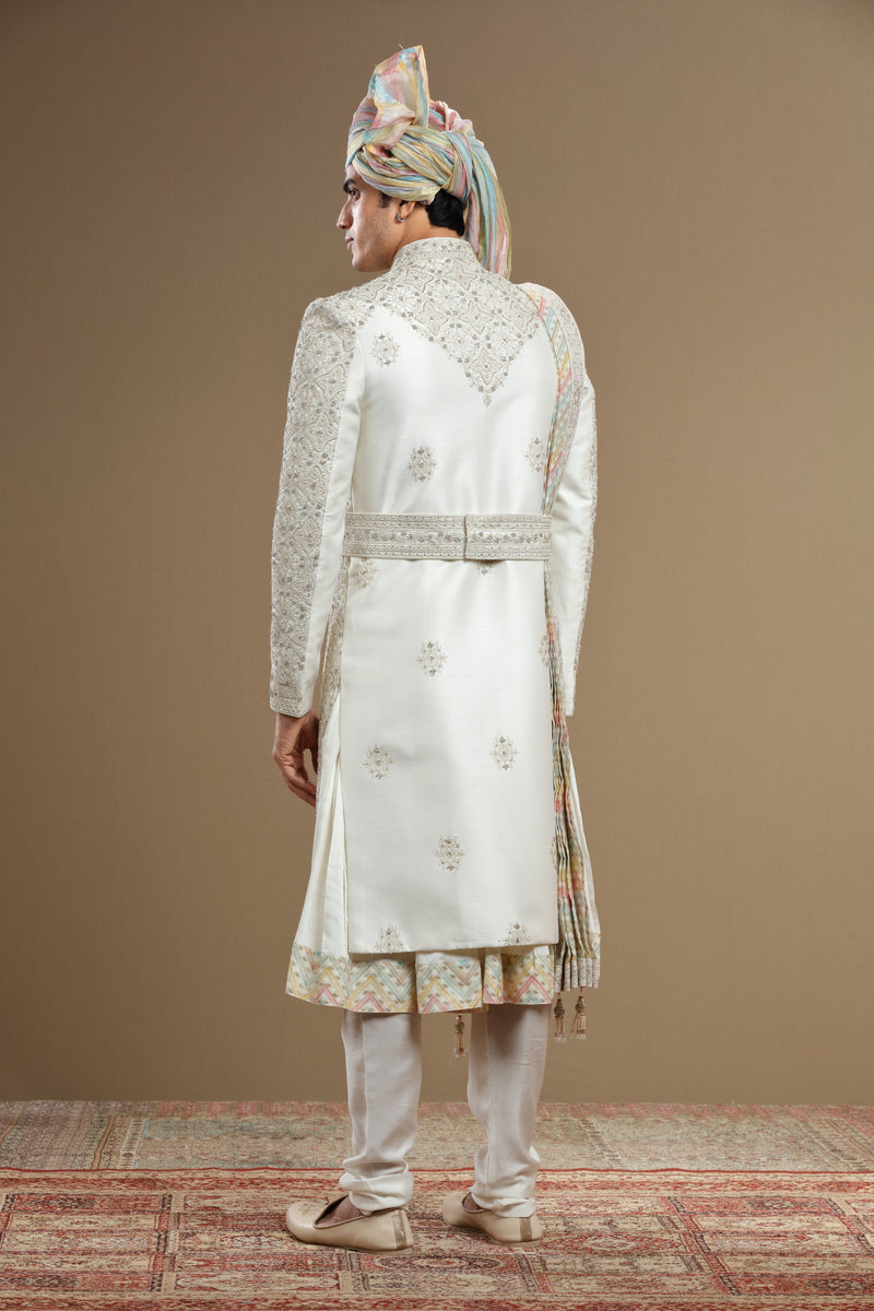 Ivory silk hand embridered sherwani set