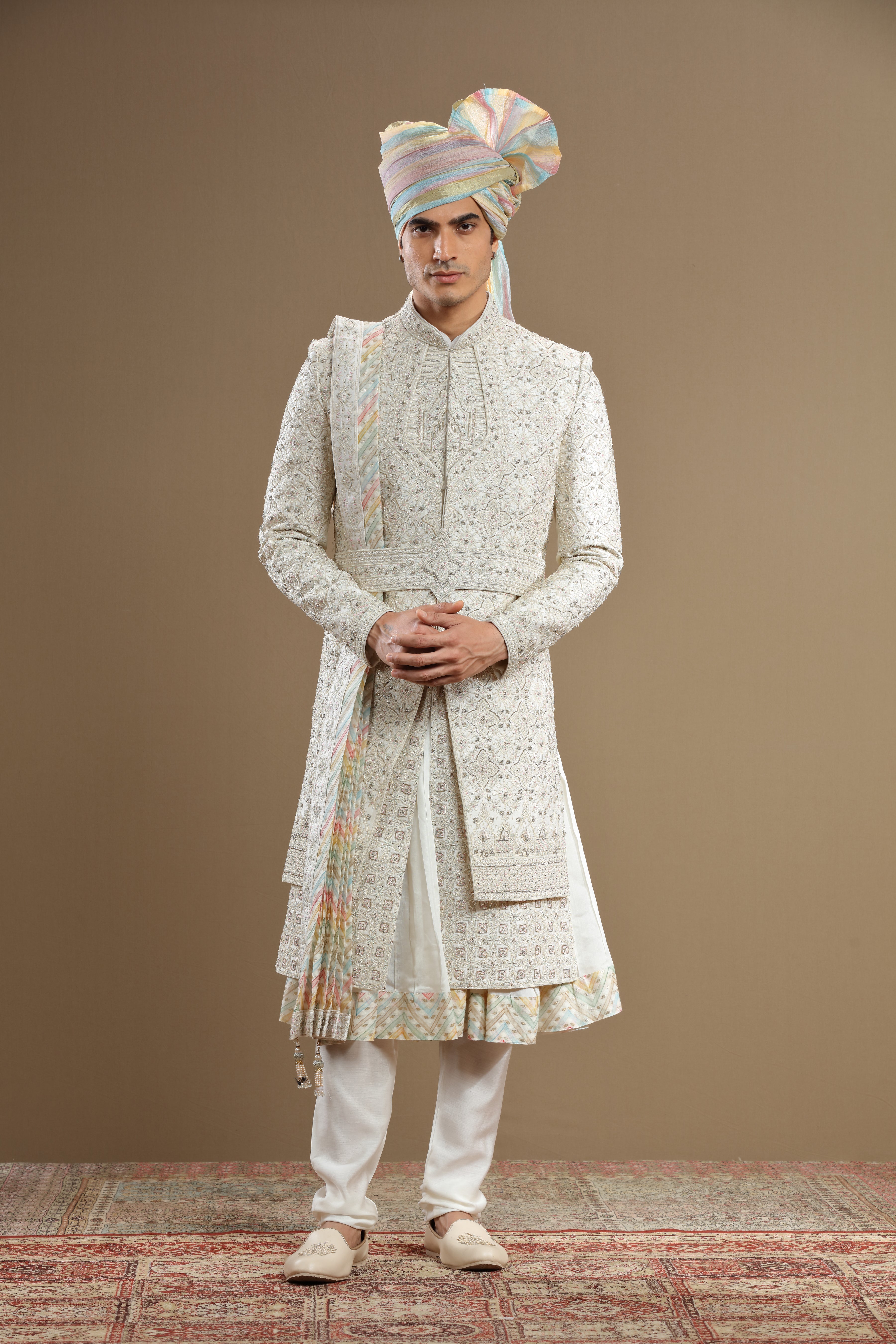 Ivory silk hand embridered sherwani set - Shreeman