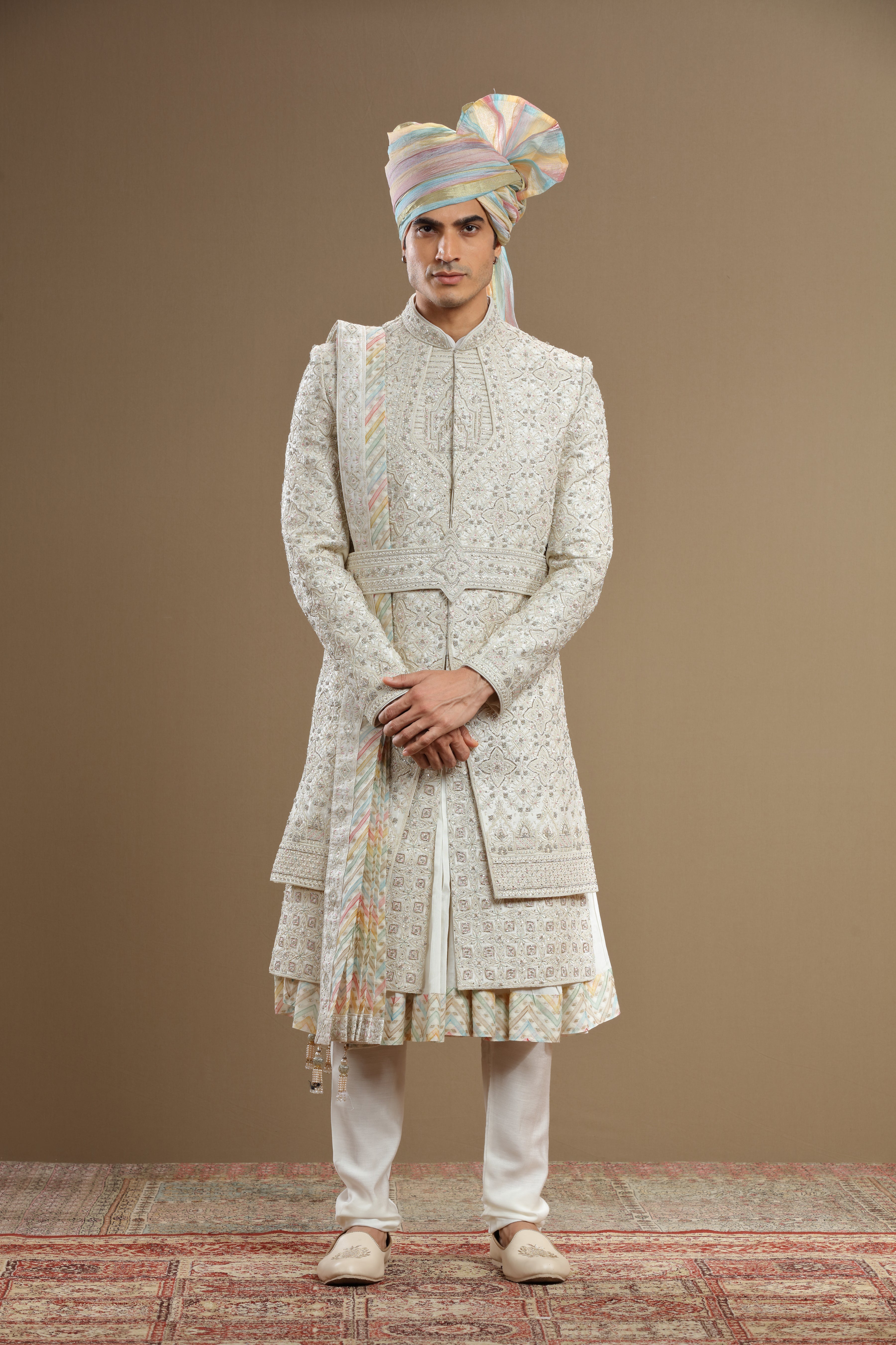 Ivory silk hand embridered sherwani set - Shreeman