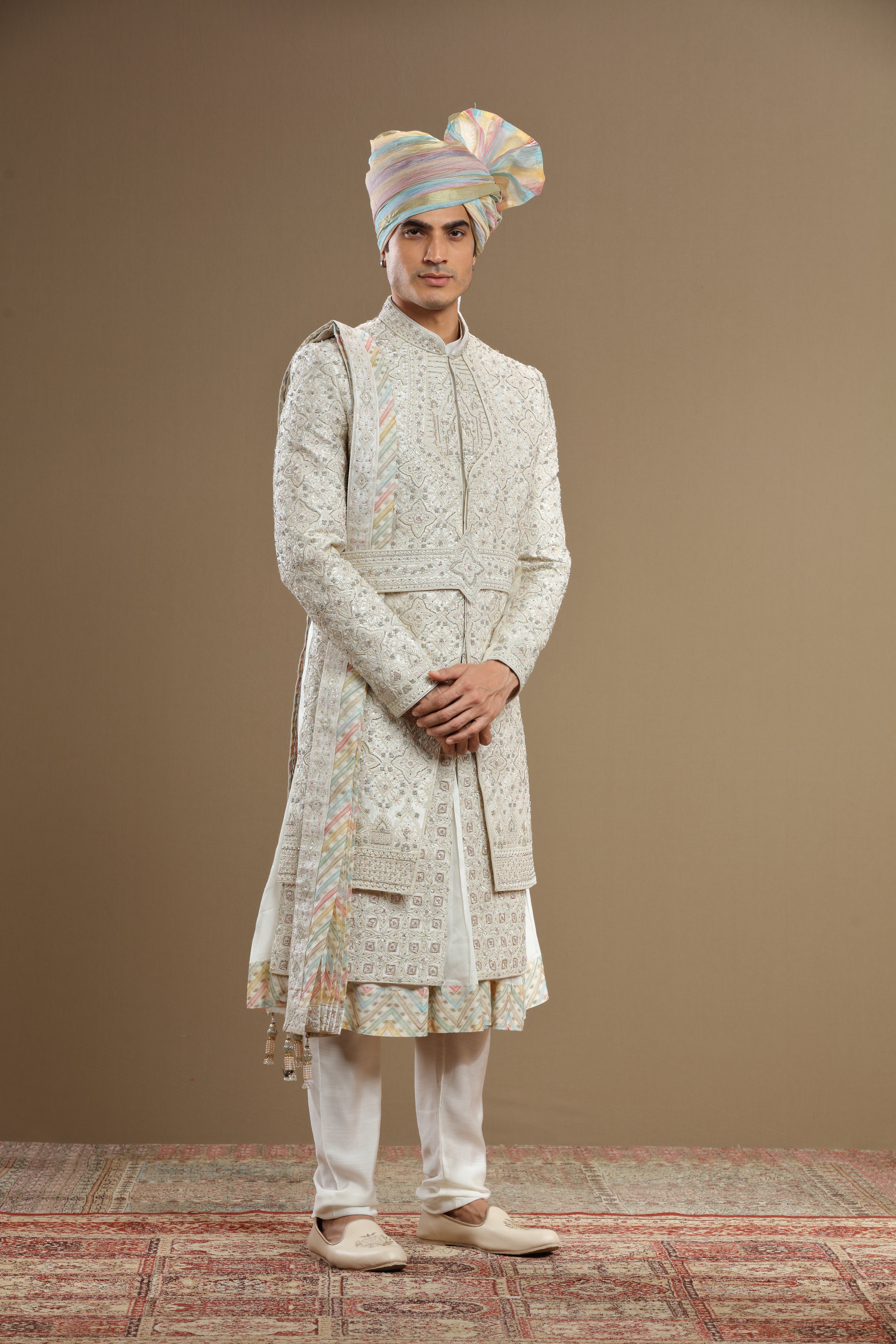 Ivory silk hand embridered sherwani set - Shreeman