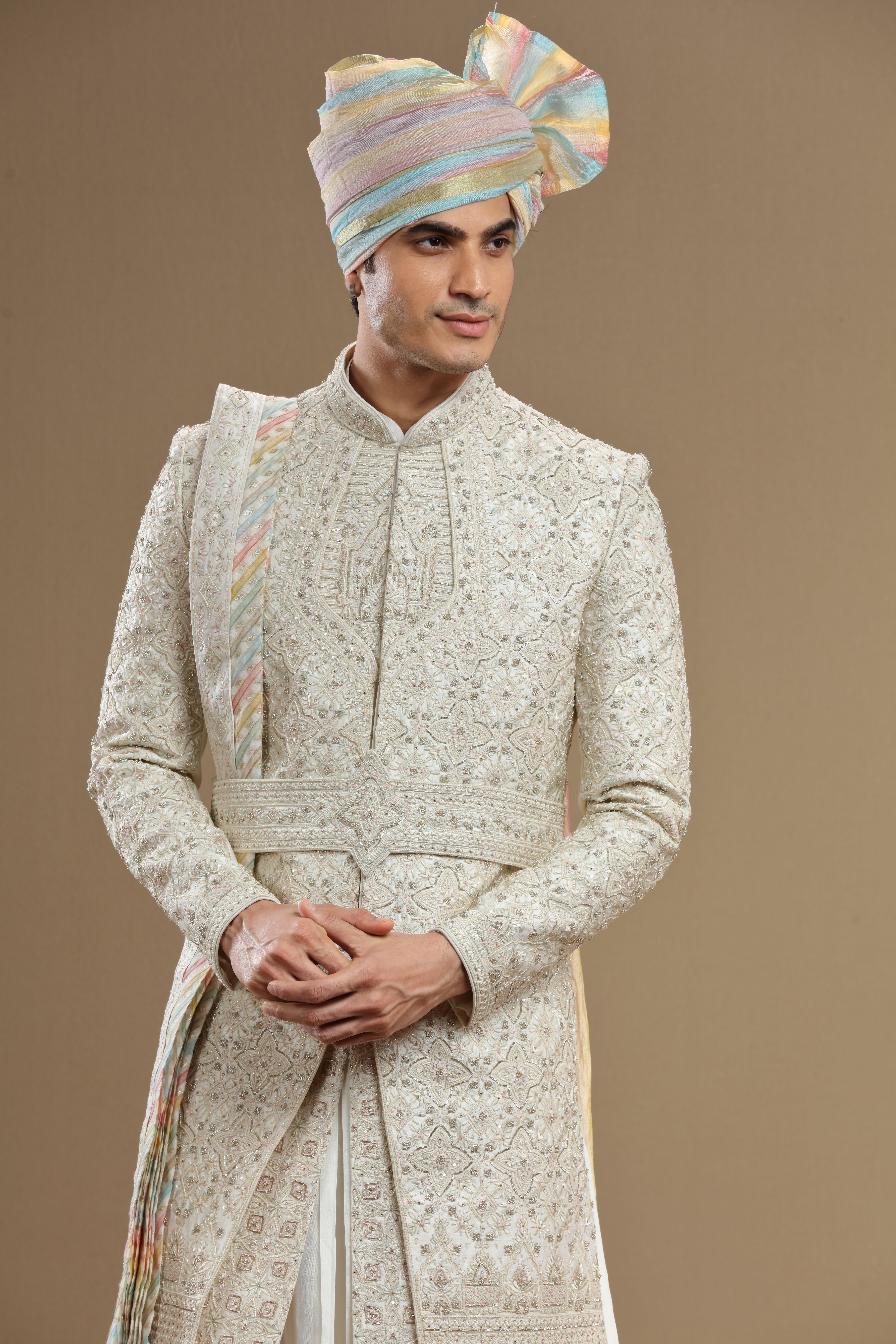 Ivory silk hand embridered sherwani set - Shreeman