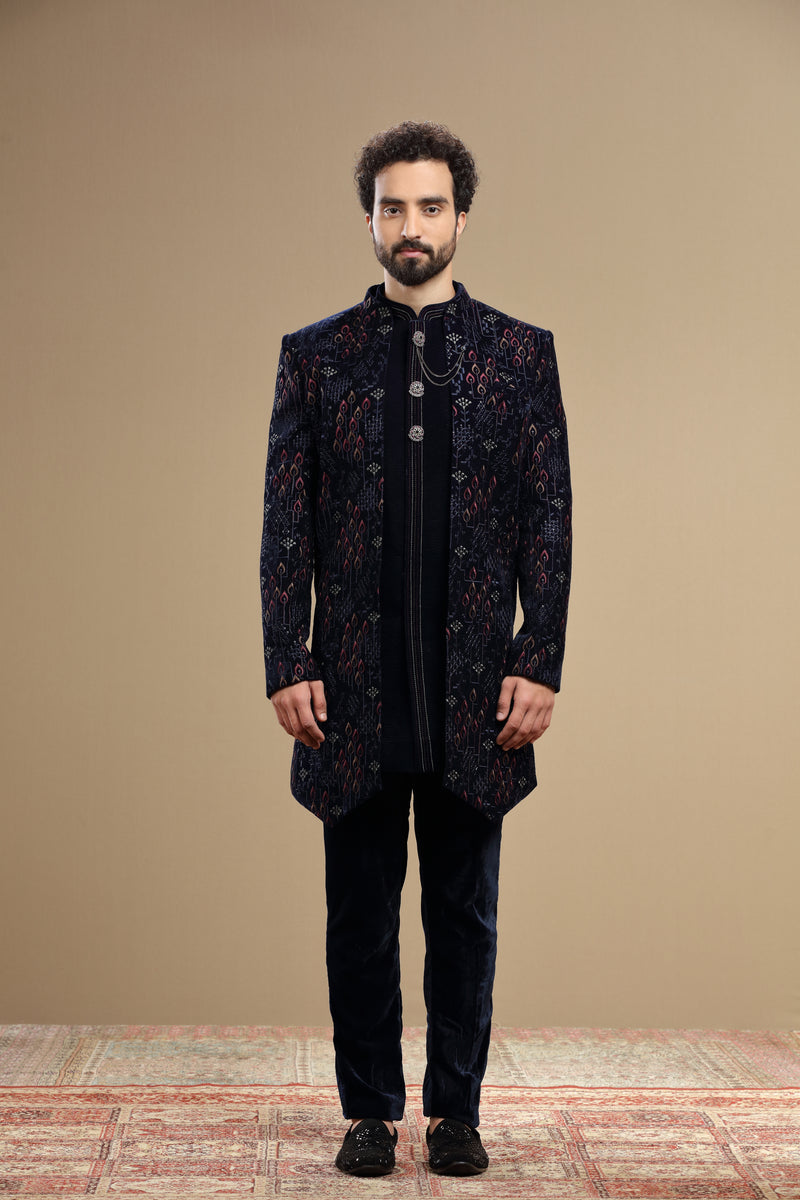Dark blue velvet indowestern embroidered in resham work
