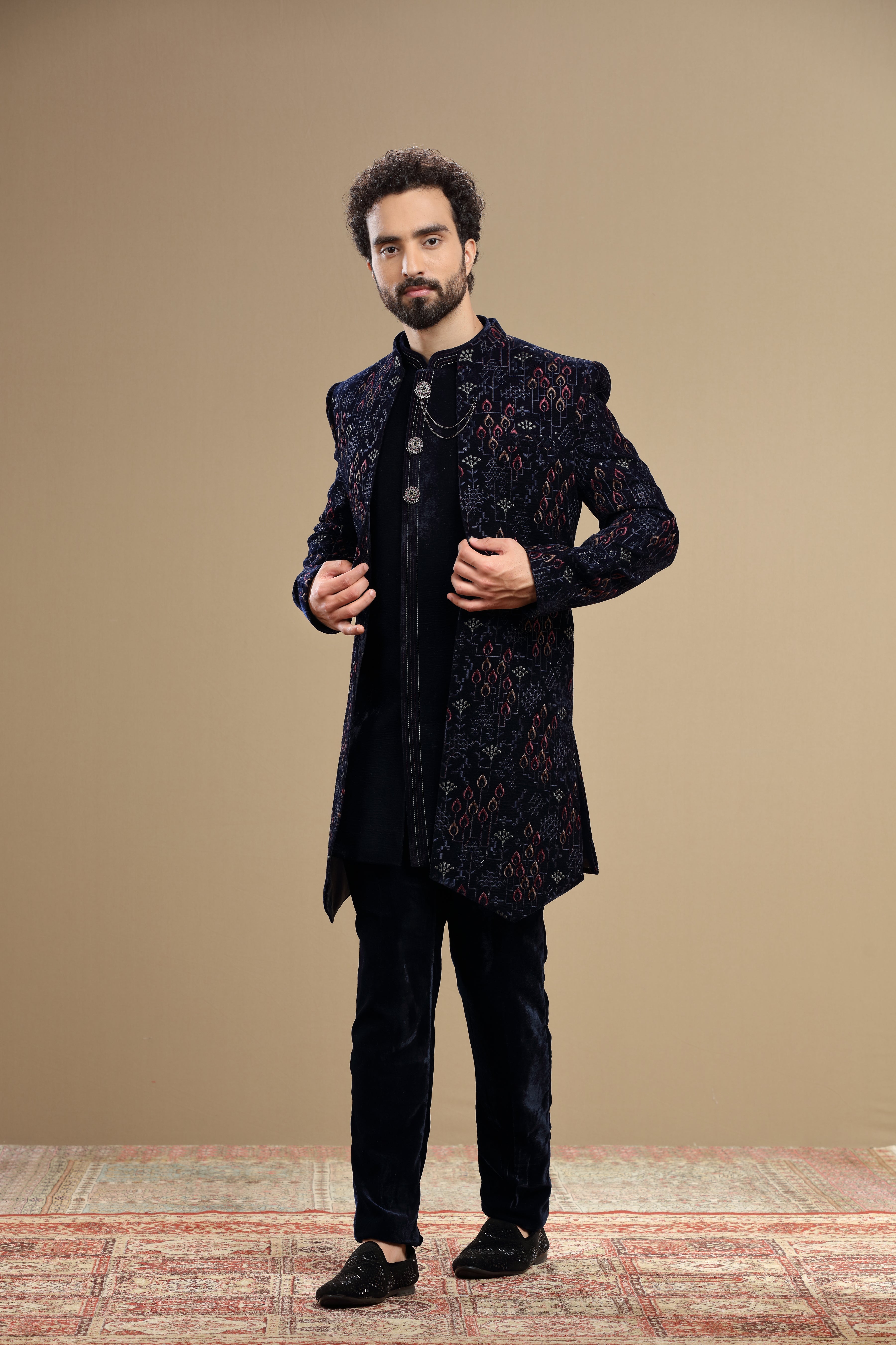 Dark blue velvet indowestern embroidered in resham work - Shreeman