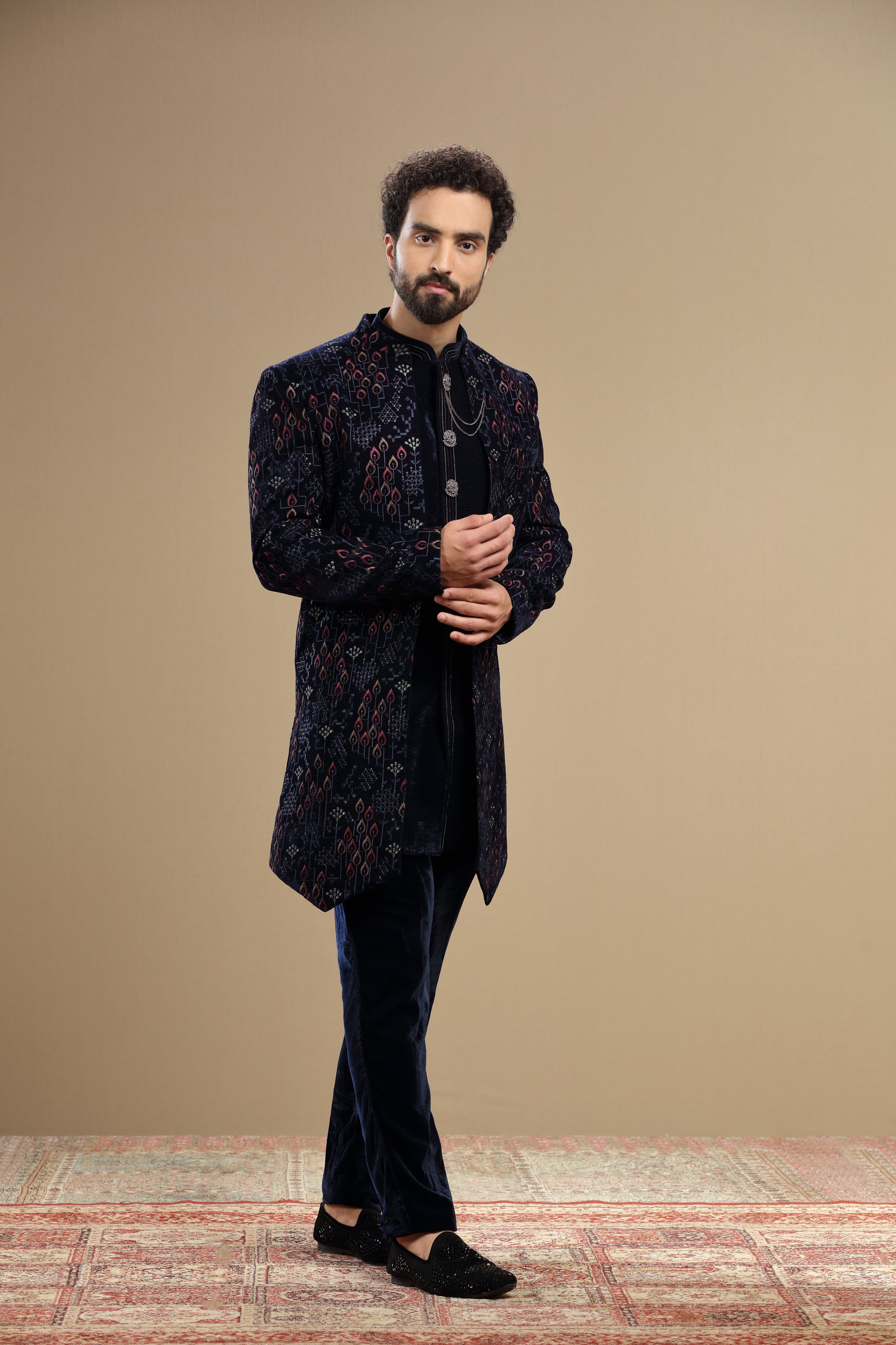 Dark blue velvet indowestern embroidered in resham work - Shreeman