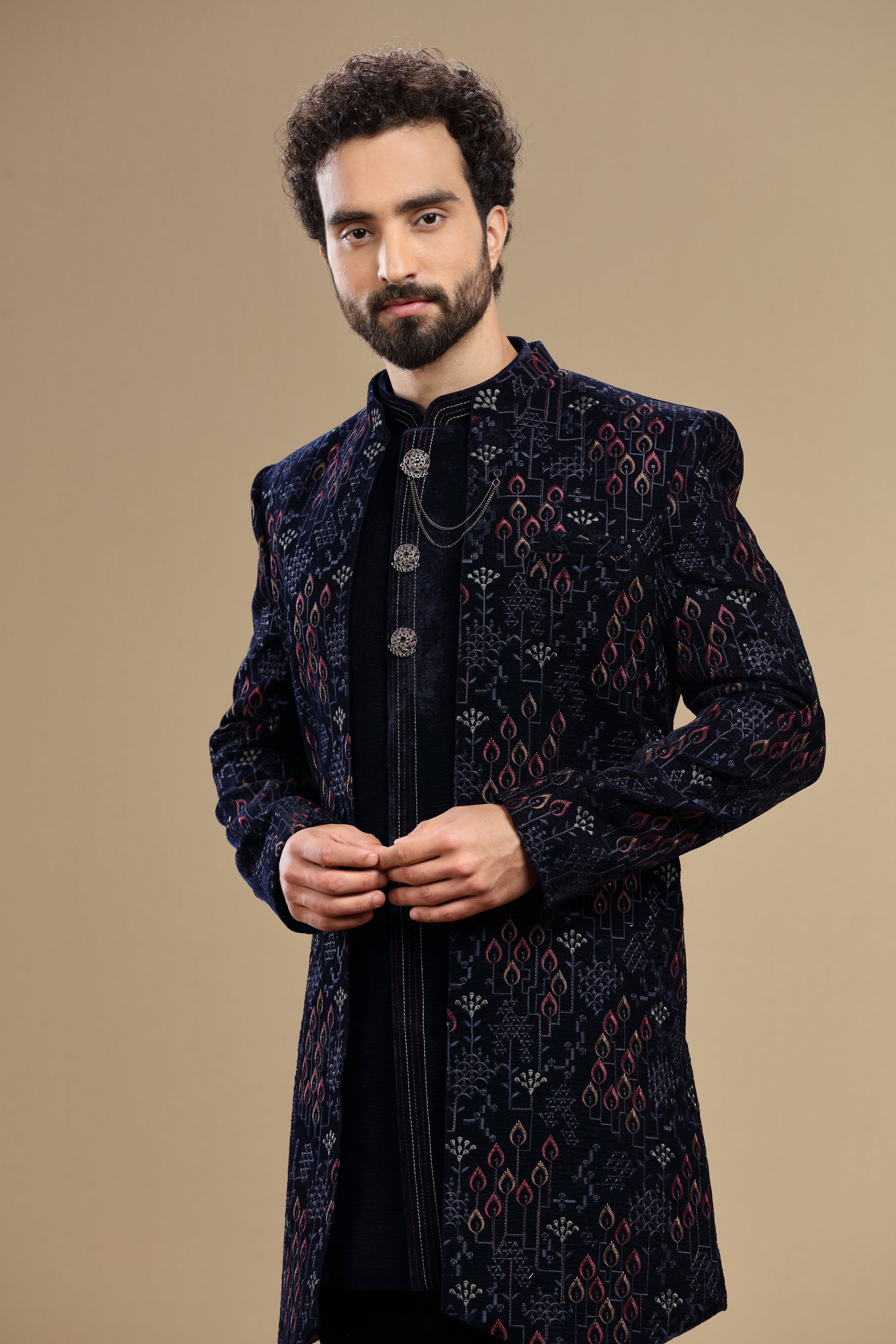 Dark blue velvet indowestern embroidered in resham work - Shreeman