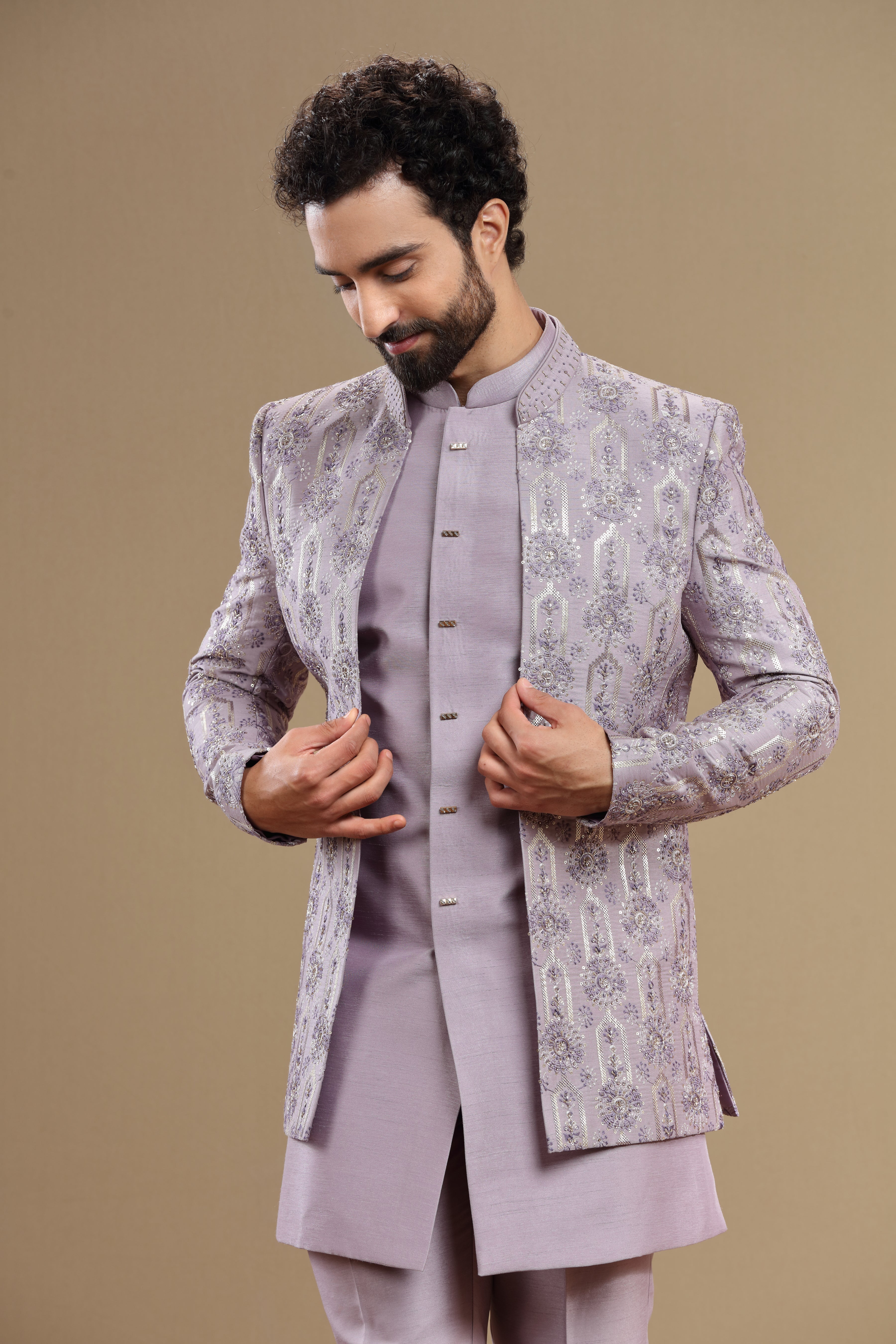 lilac indowestern Hand embroidered  in floral motif - Shreeman