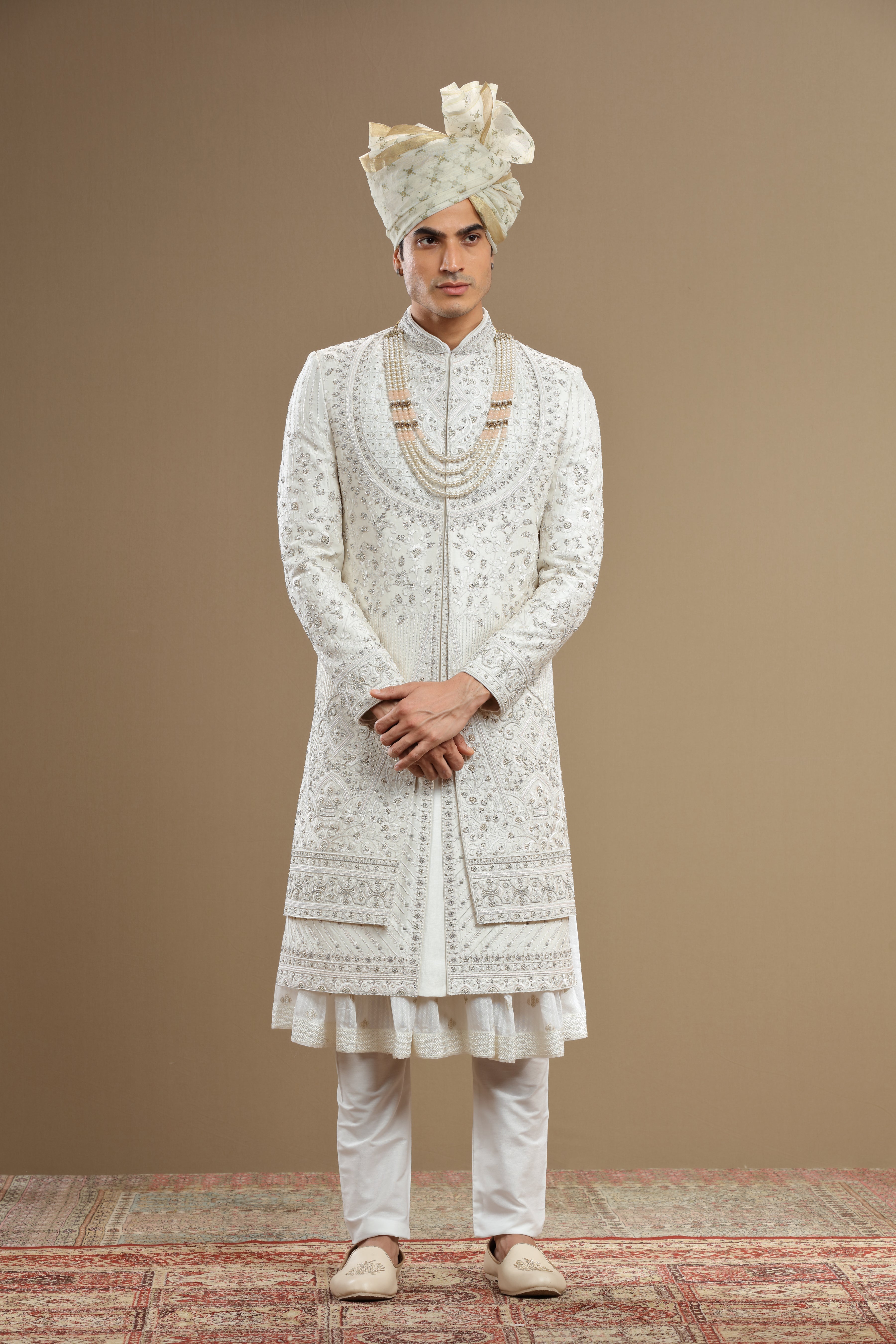 Ivory Silk hand embroidered sherwani set with anarkali - Shreeman