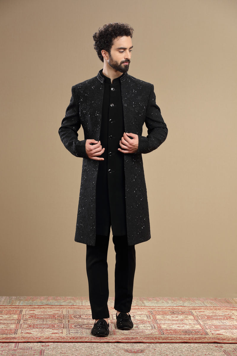 Black indowestern embroidered in floral motif