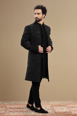 Black indowestern embroidered in floral motif