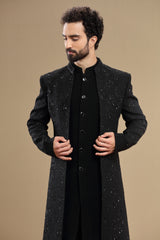 Black indowestern embroidered in floral motif