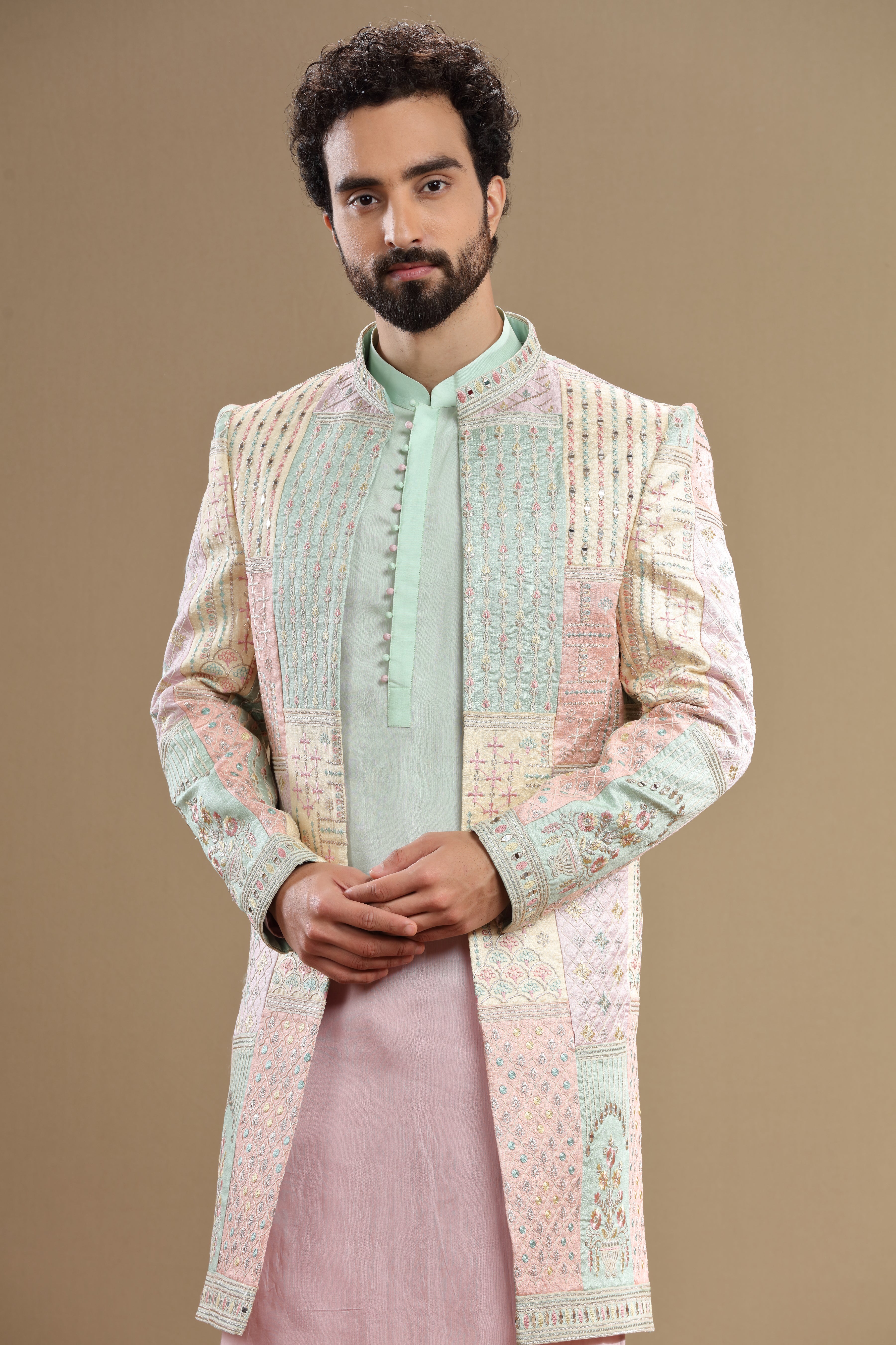 Pastel indowestern set with floral embroidery - Shreeman