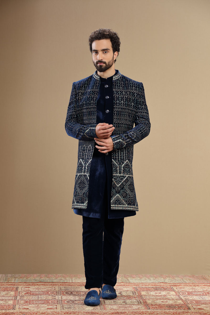 Dark blue embroidered indowestern in geometric design