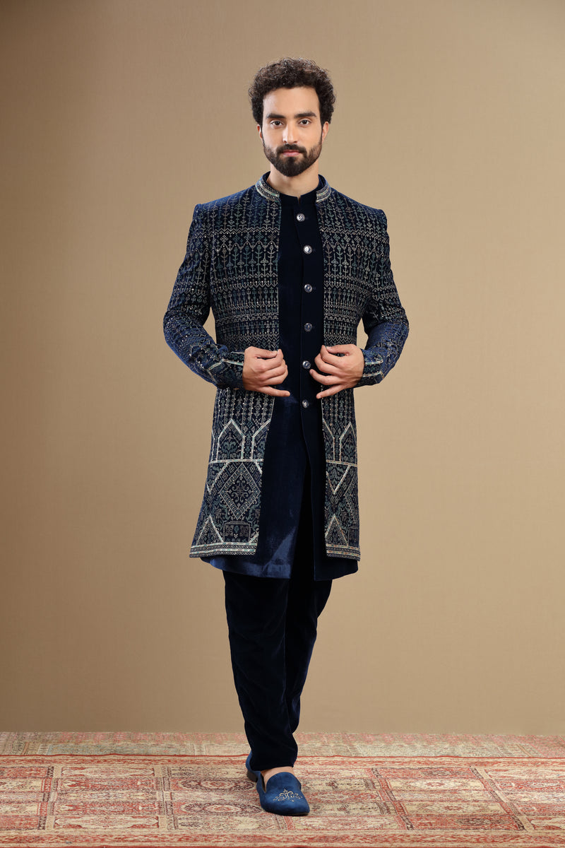 Dark blue embroidered indowestern in geometric design