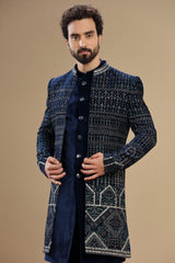 Dark blue embroidered indowestern in geometric design