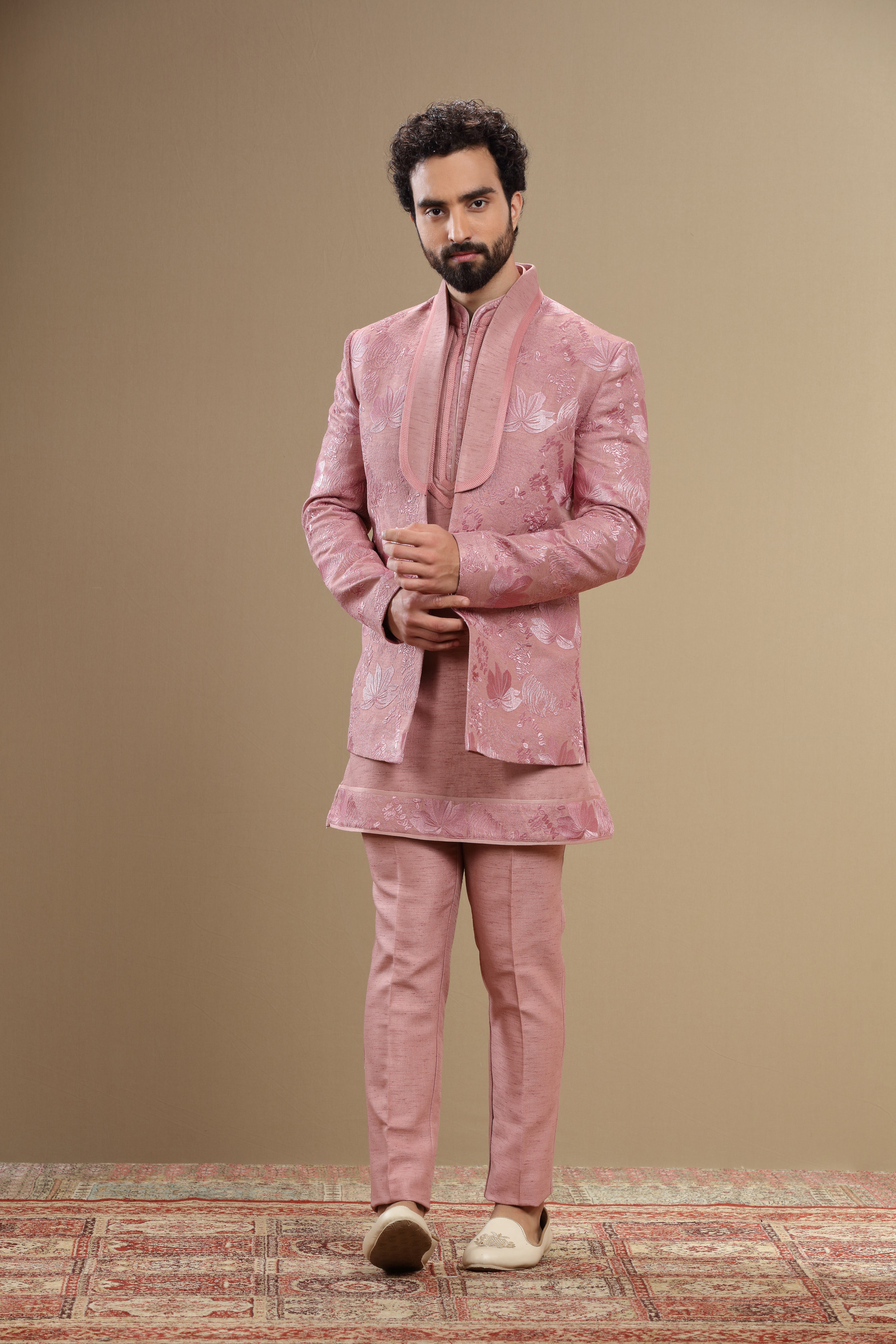 Dark Peach Indowestern Set With Floral Embroidry - Main Image