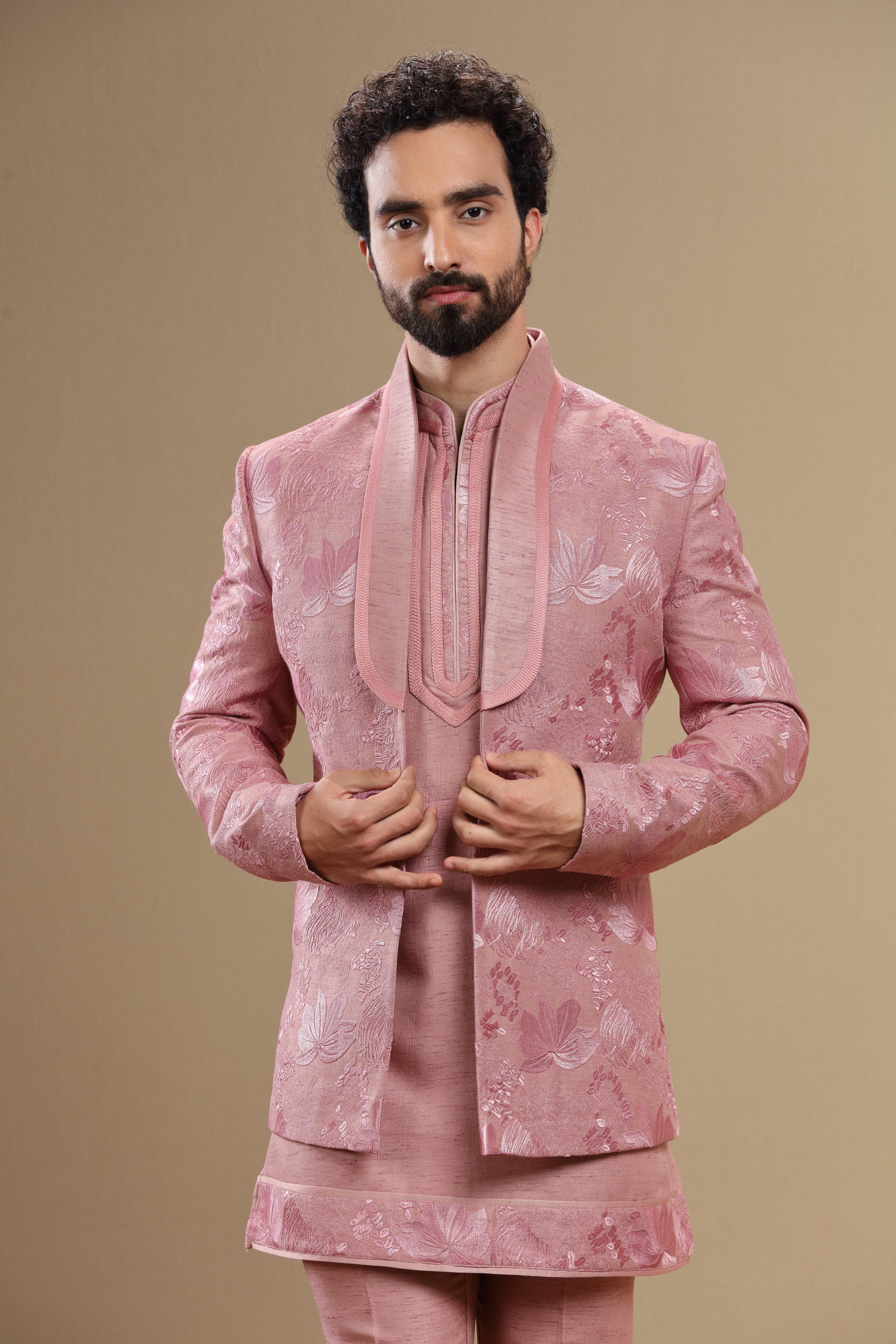 Dark peach indowestern set with floral embroidry - Shreeman