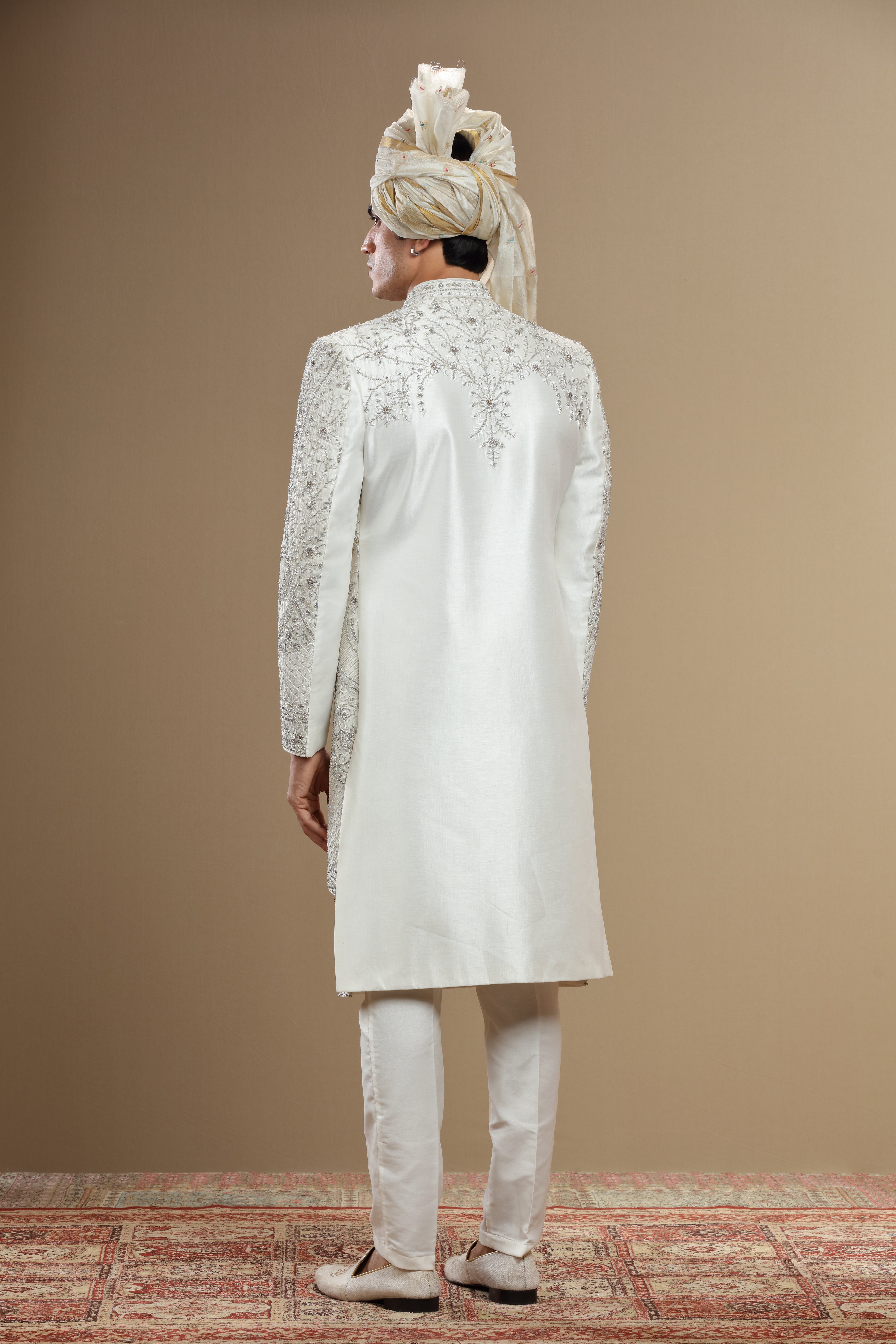 Ivory Silk hand embroidered sherwani set - Shreeman