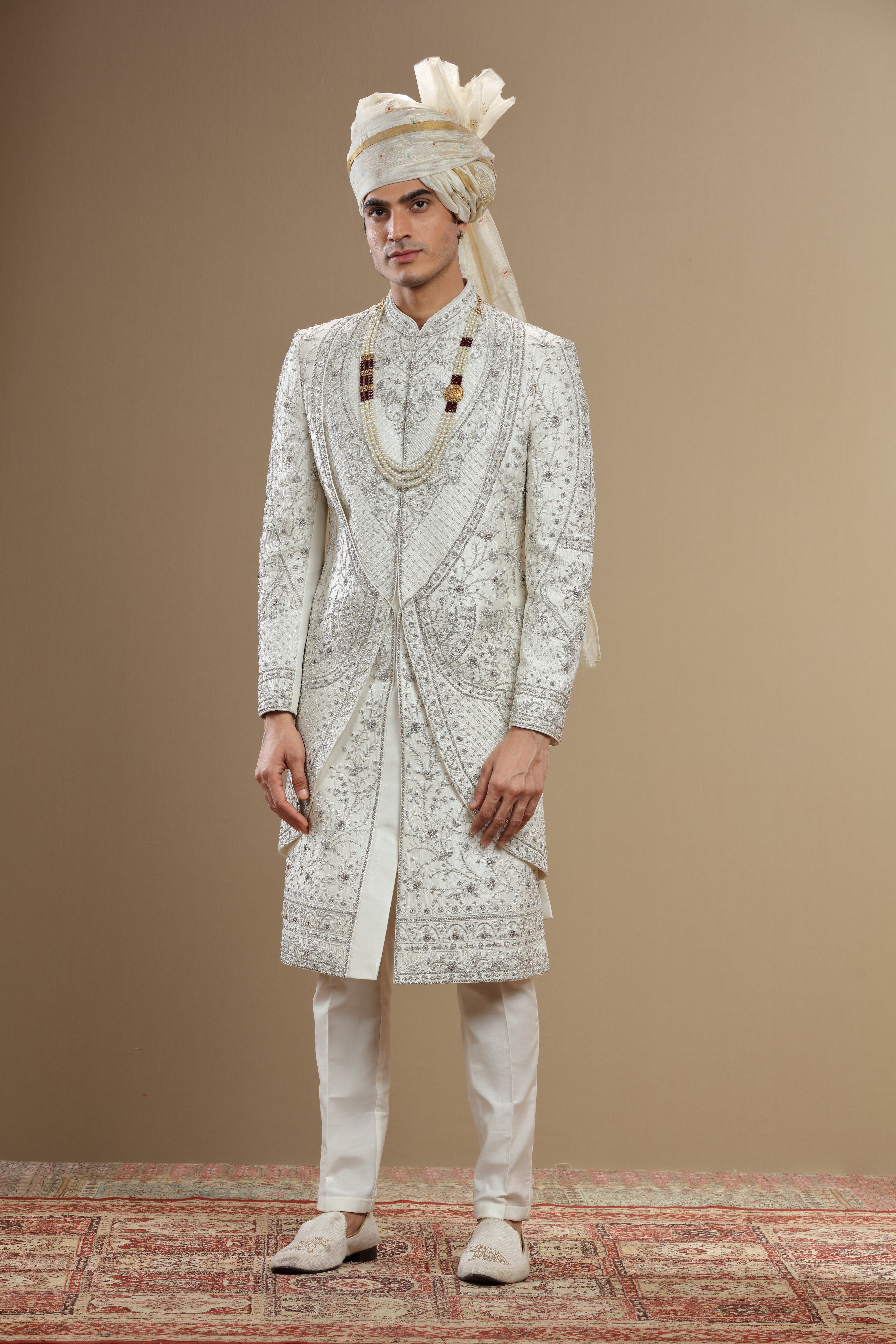 Ivory Silk hand embroidered sherwani set - Shreeman