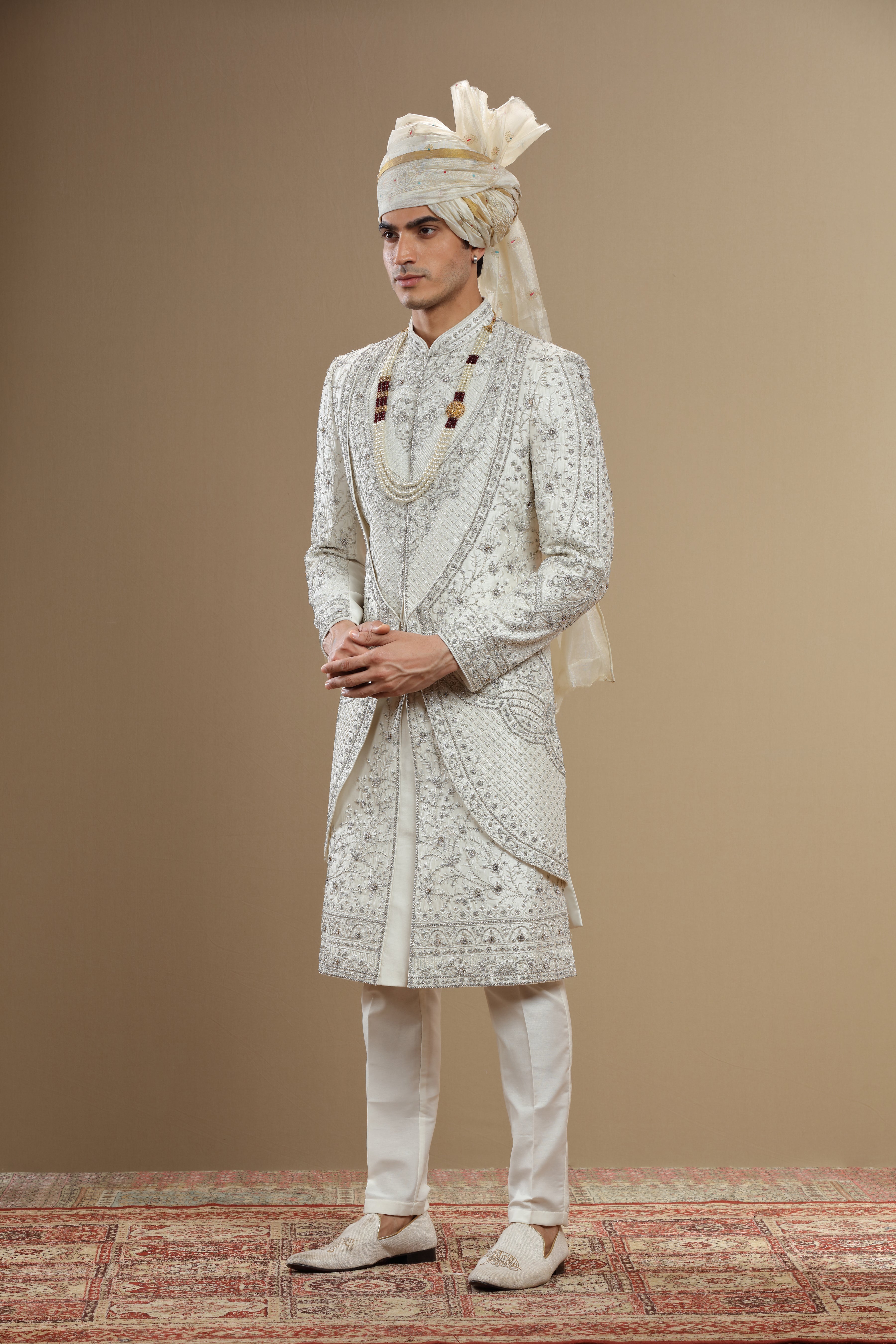 Ivory Silk hand embroidered sherwani set - Shreeman