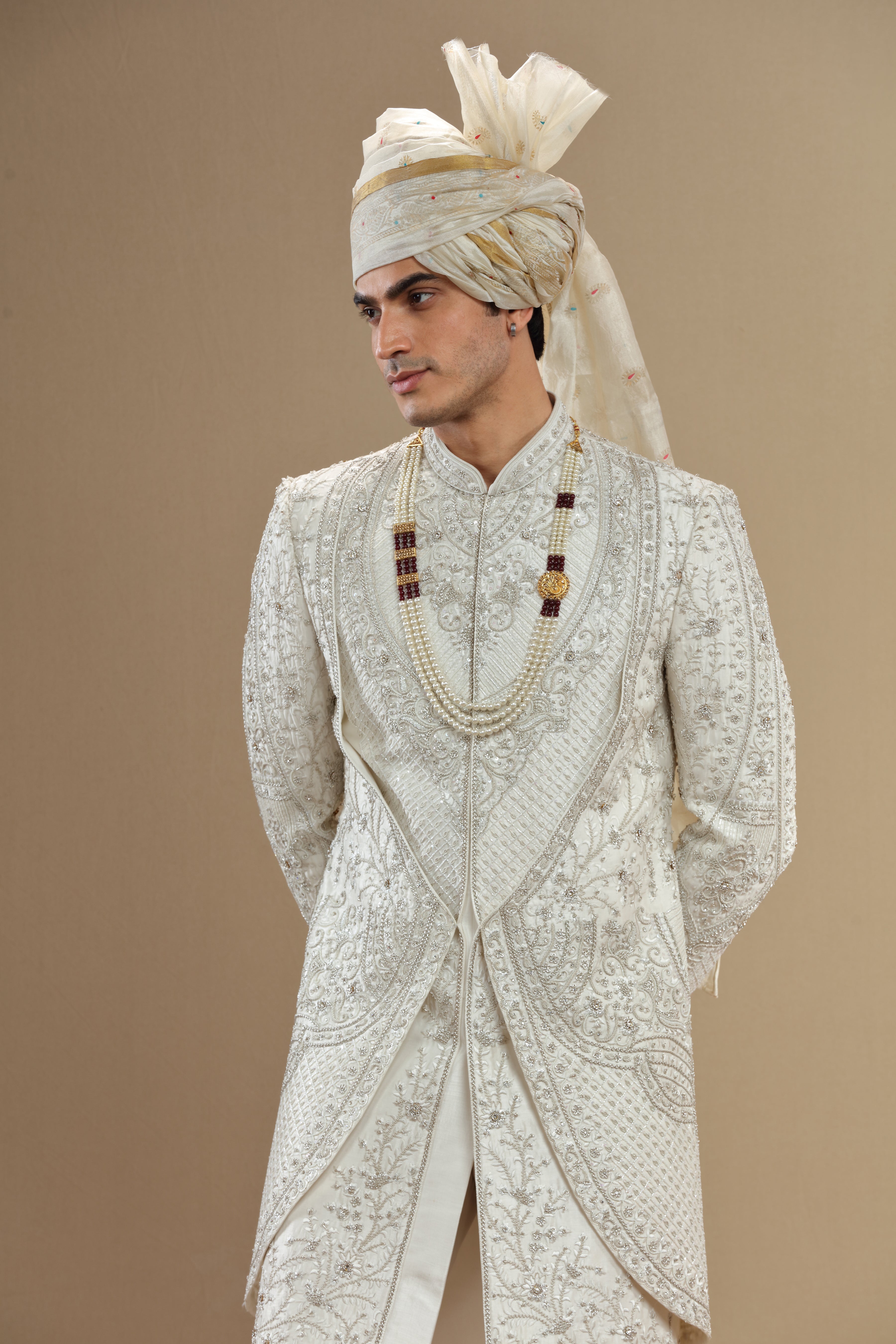 Ivory Silk hand embroidered sherwani set - Shreeman