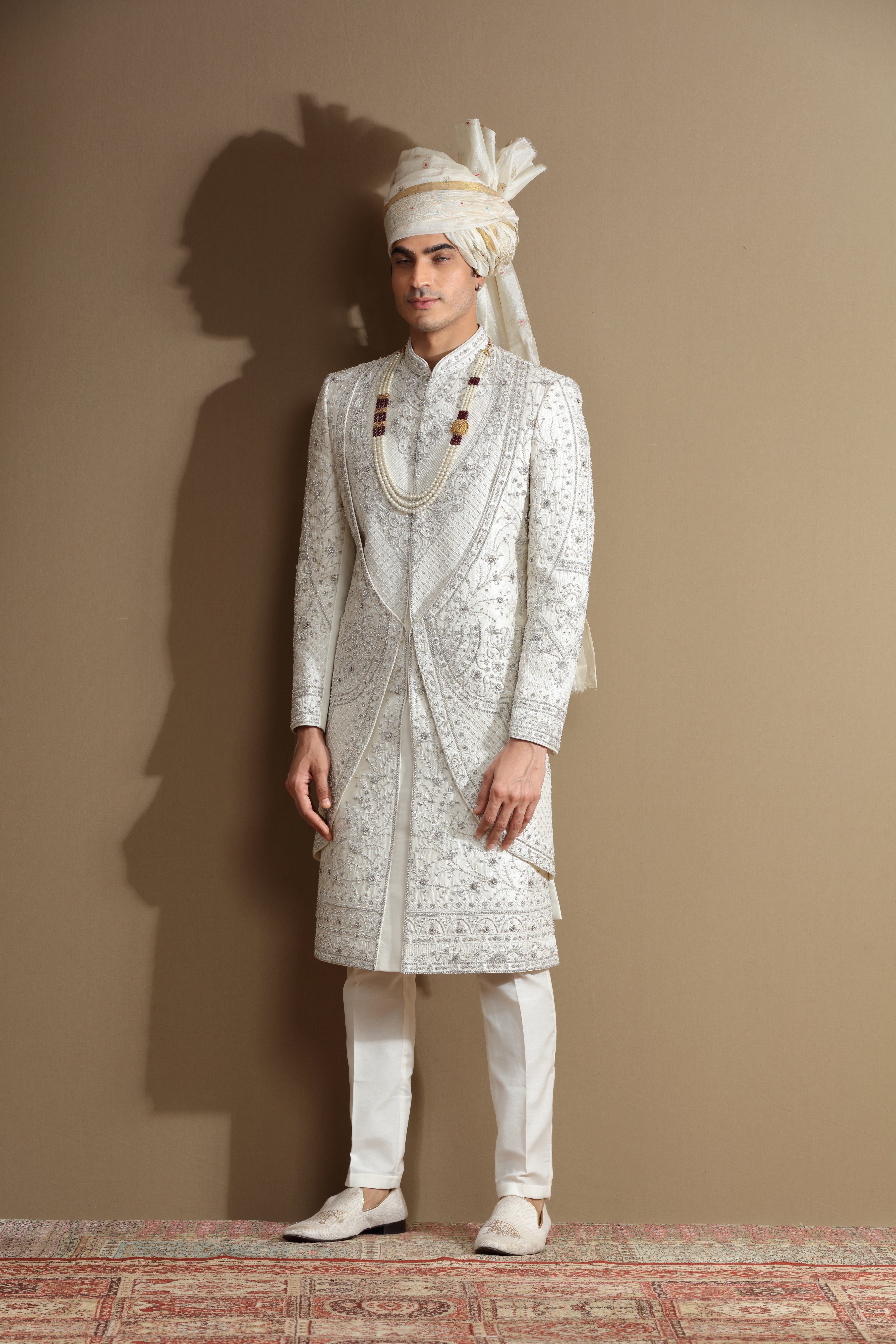 Ivory Silk hand embroidered sherwani set - Shreeman