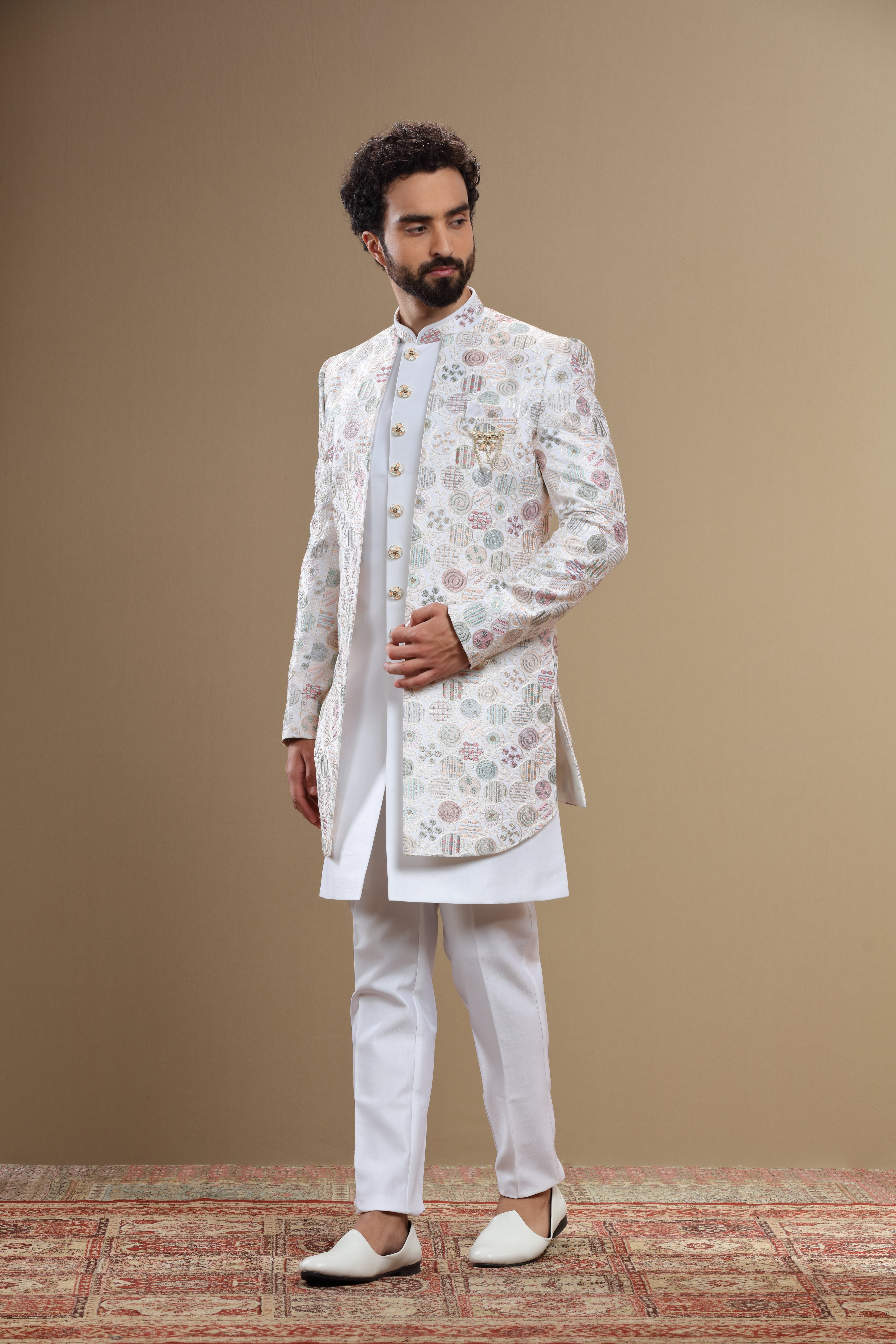 Ivory silk embroidered indowestern in abstract motif - Shreeman