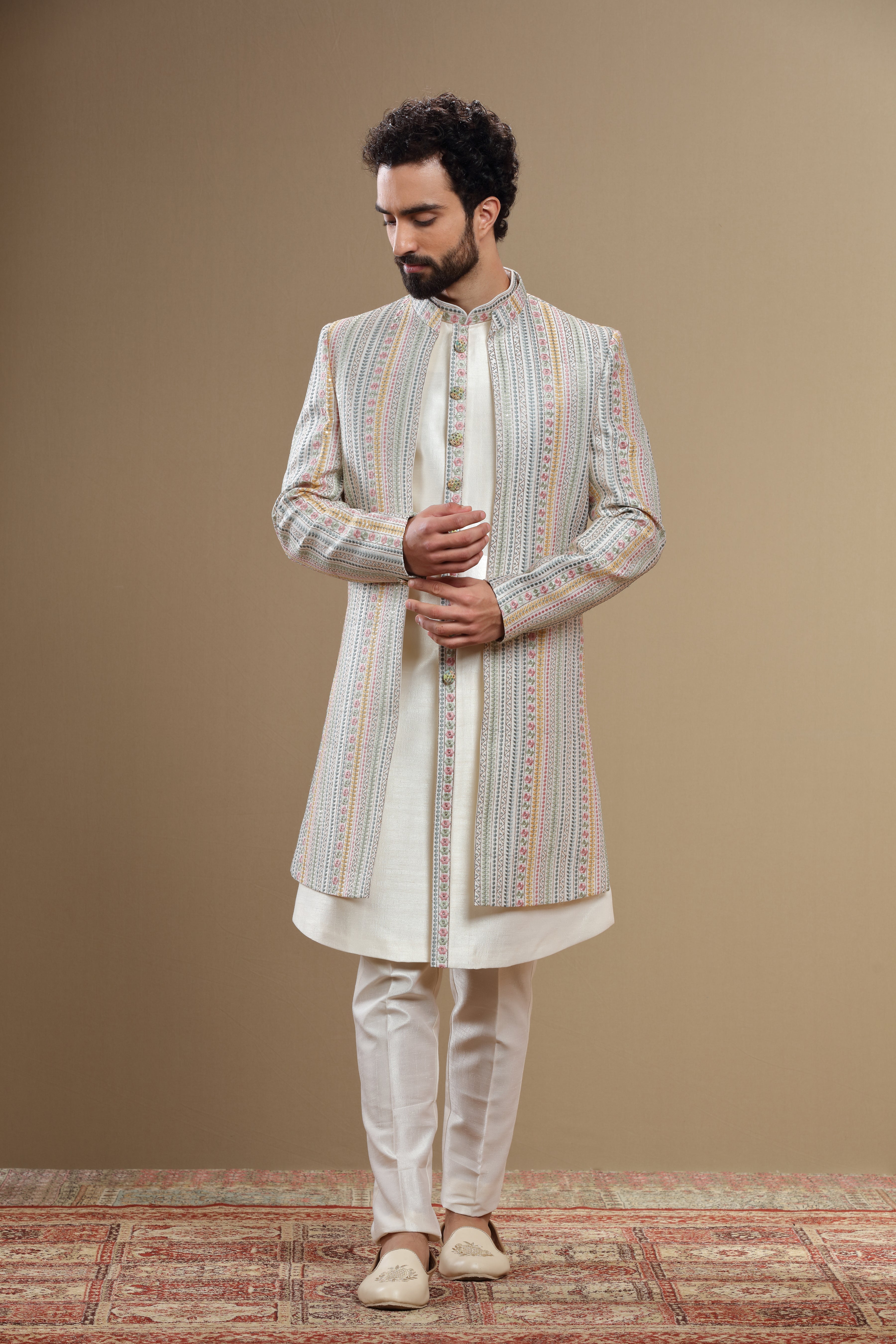 Ivory indowestern set with multi color floral embroidery - Shreeman