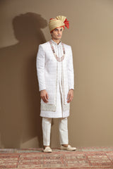 Ivory sherwani set embroidered in geoetic motif