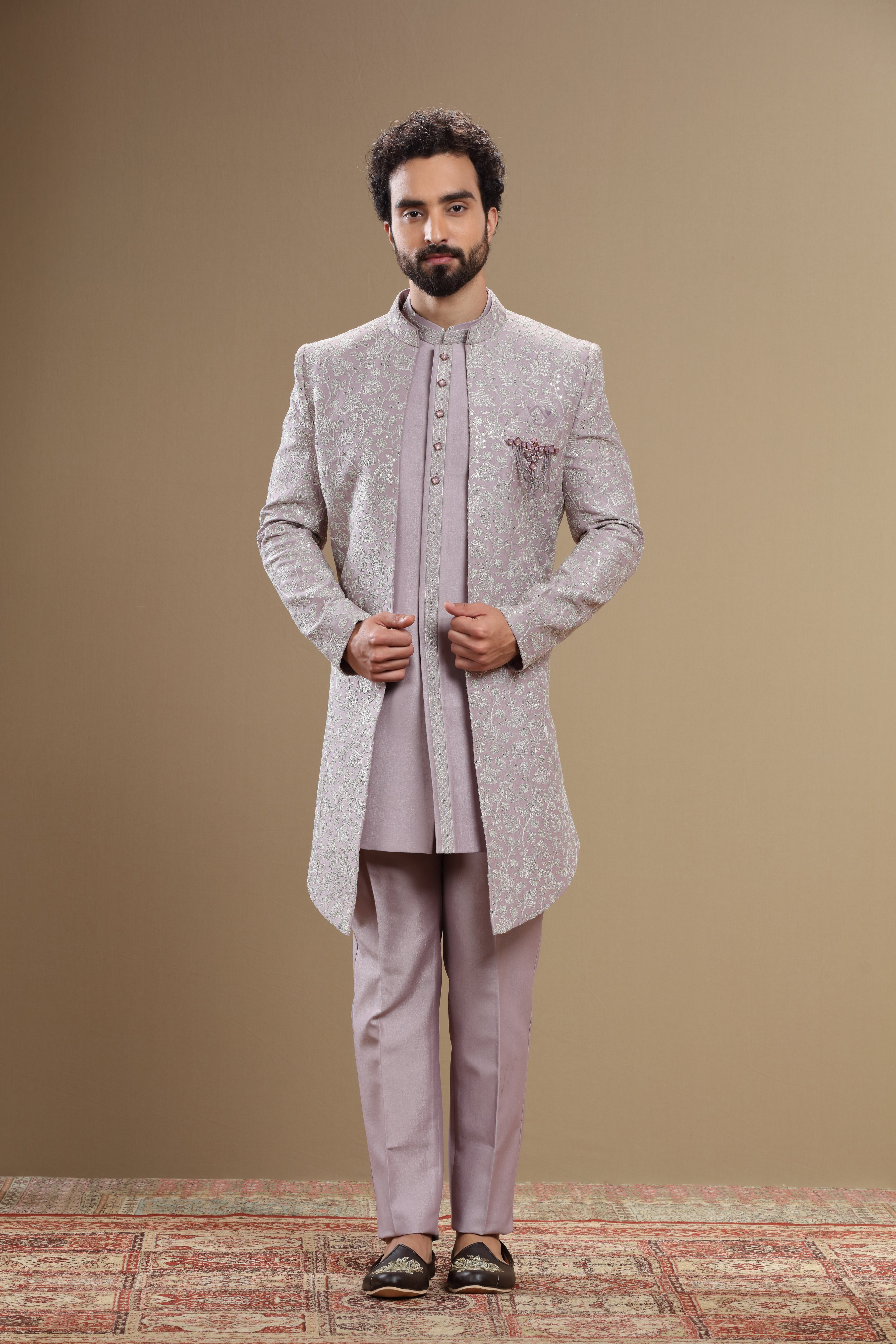 Lilac indowestern set with floral embroidery - Shreeman