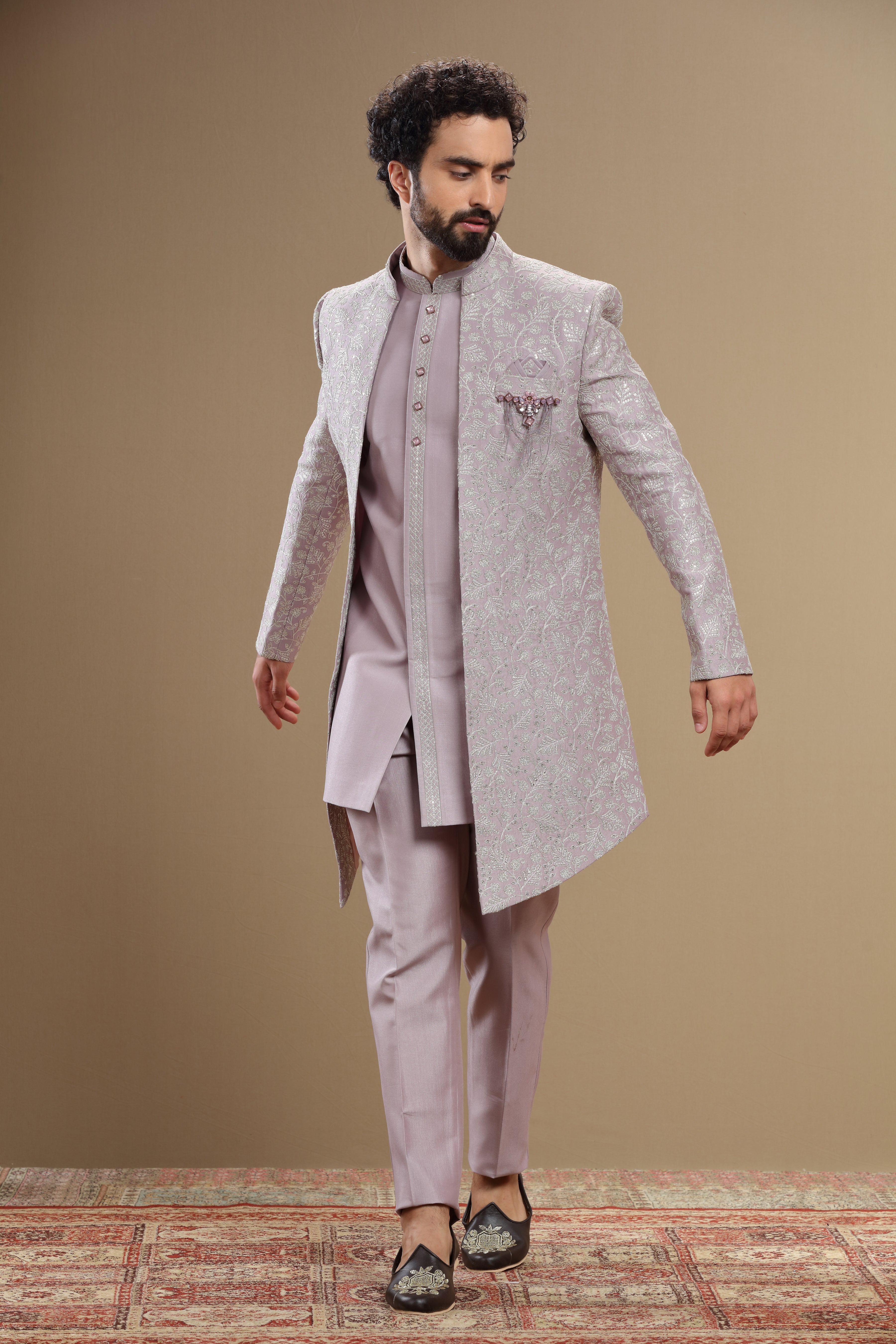 Lilac indowestern set with floral embroidery - Shreeman