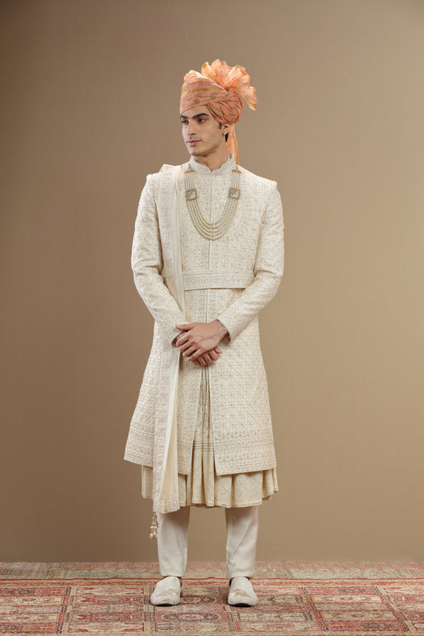 Ivory floral embroidered sherwani set with anarkali and dupatta