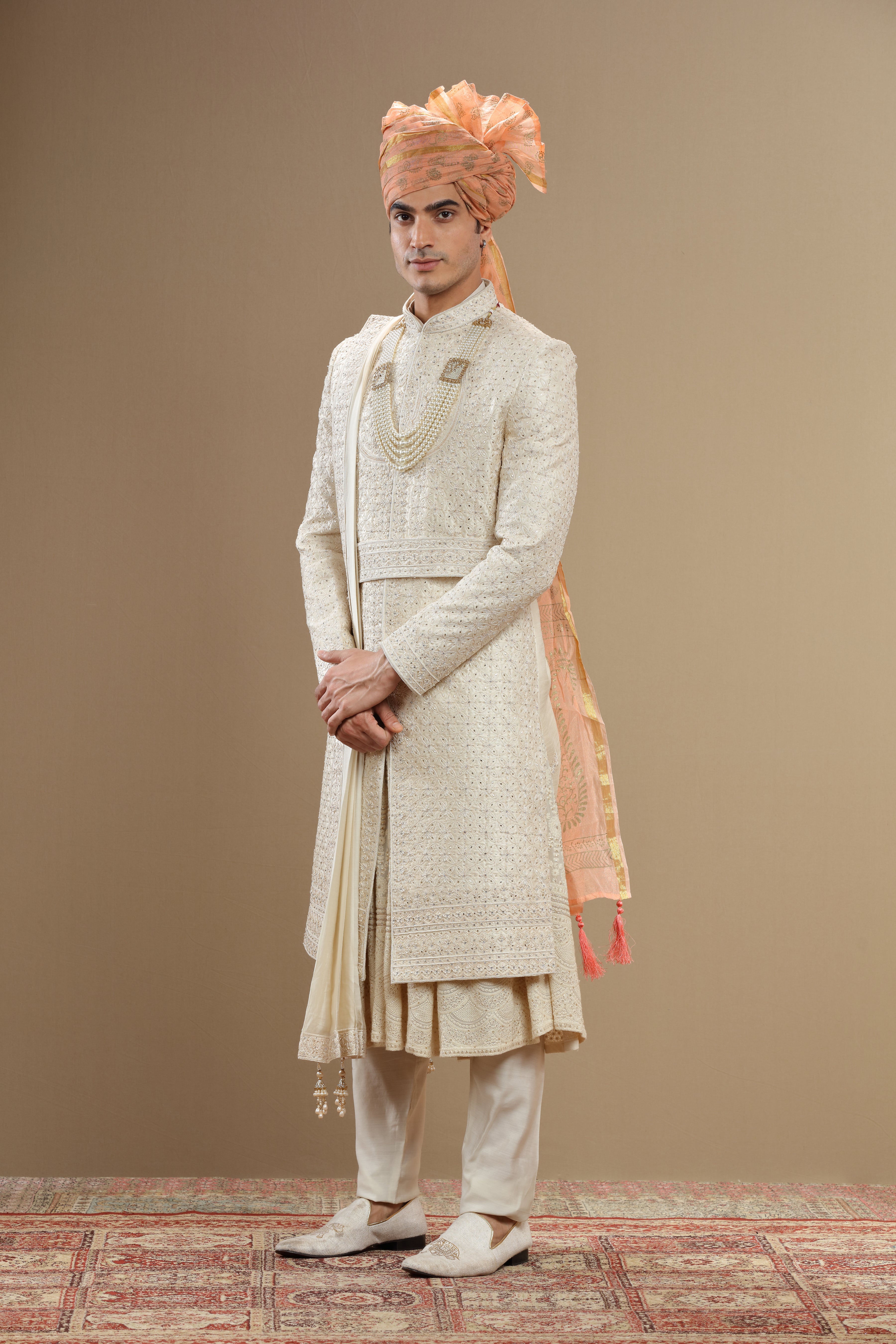 Ivory floral embroidered sherwani set with anarkali and dupatta - Shreeman