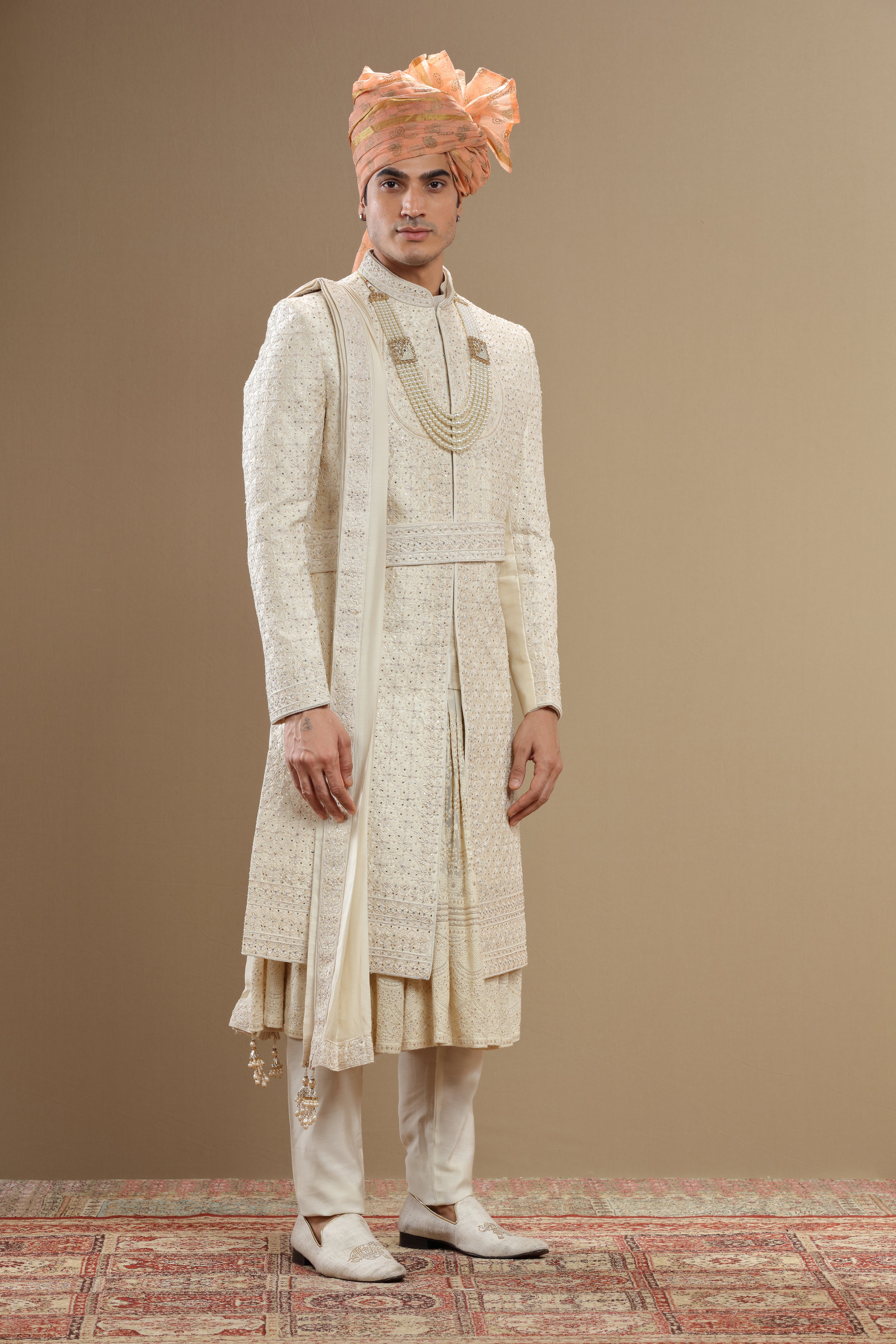 Ivory floral embroidered sherwani set with anarkali and dupatta - Shreeman