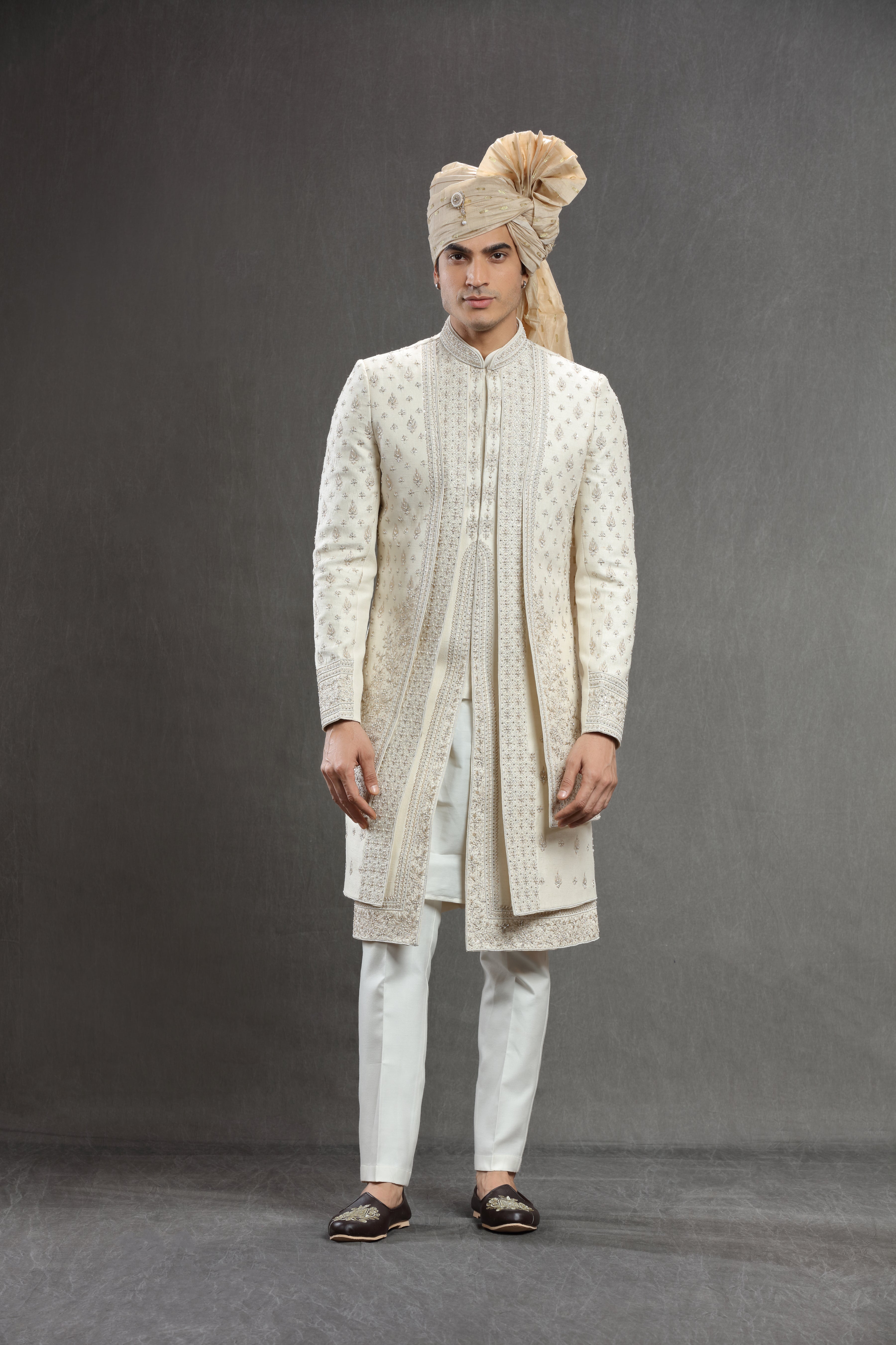 Ivory Silk embroidered indowestern set. - Shreeman