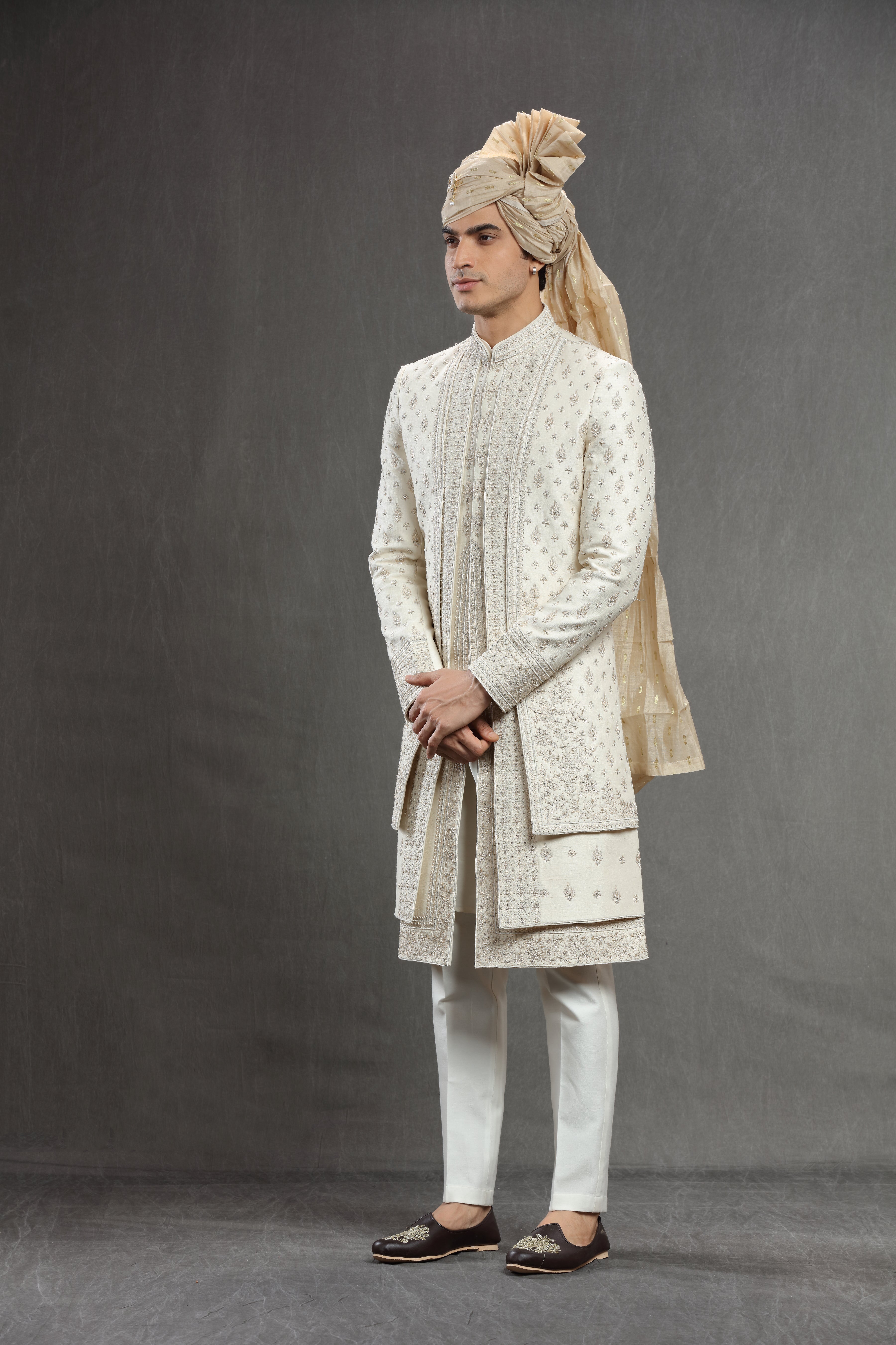 Ivory Silk embroidered indowestern set. - Shreeman
