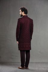 Wine velvet floral embroidered indowestern
