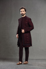 Wine velvet floral embroidered indowestern