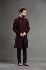 Wine velvet floral embroidered indowestern
