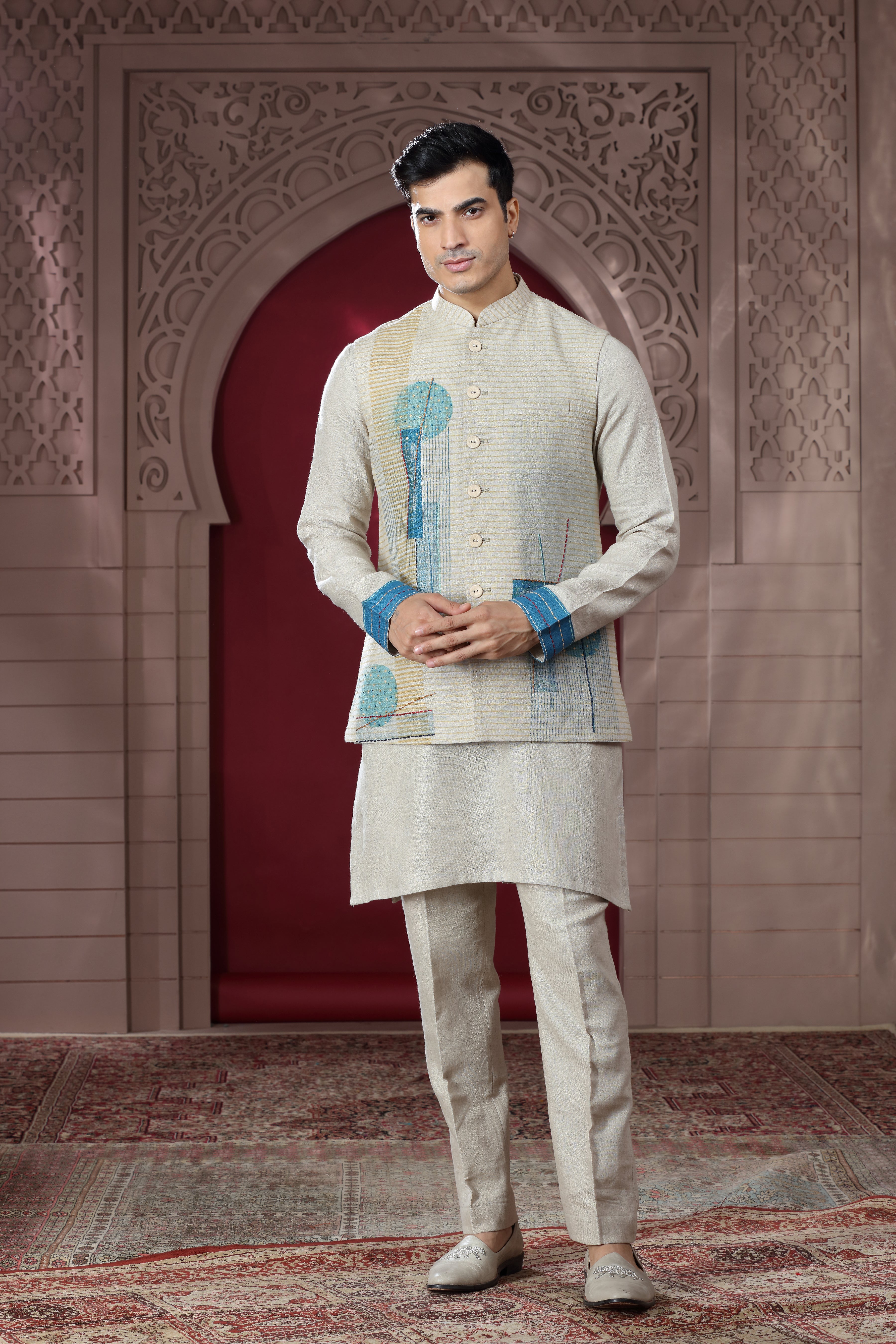 Beige Linen Jacket Set with Hand Embroidery