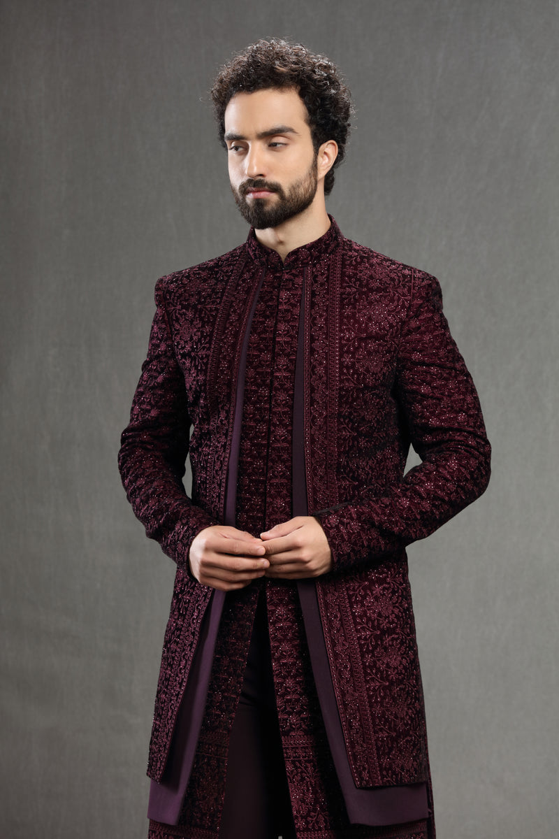 Wine velvet floral embroidered indowestern