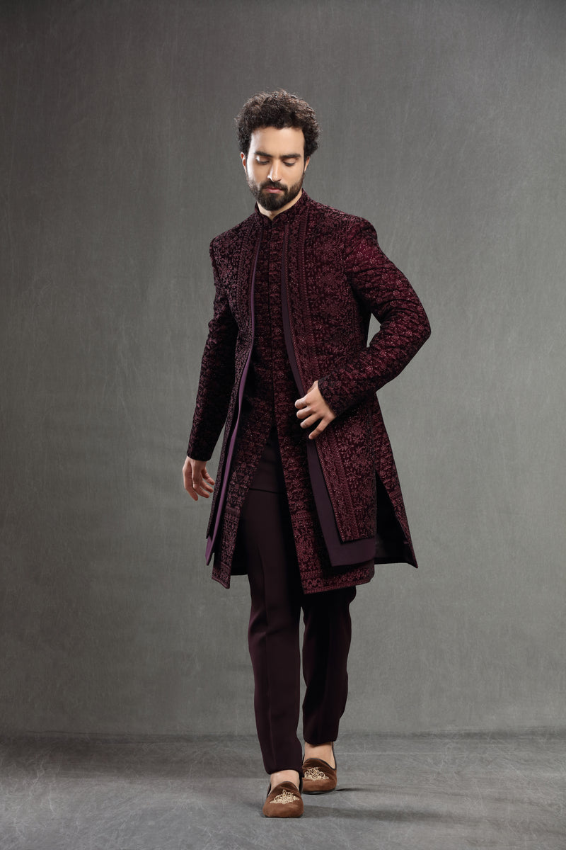 Wine velvet floral embroidered indowestern